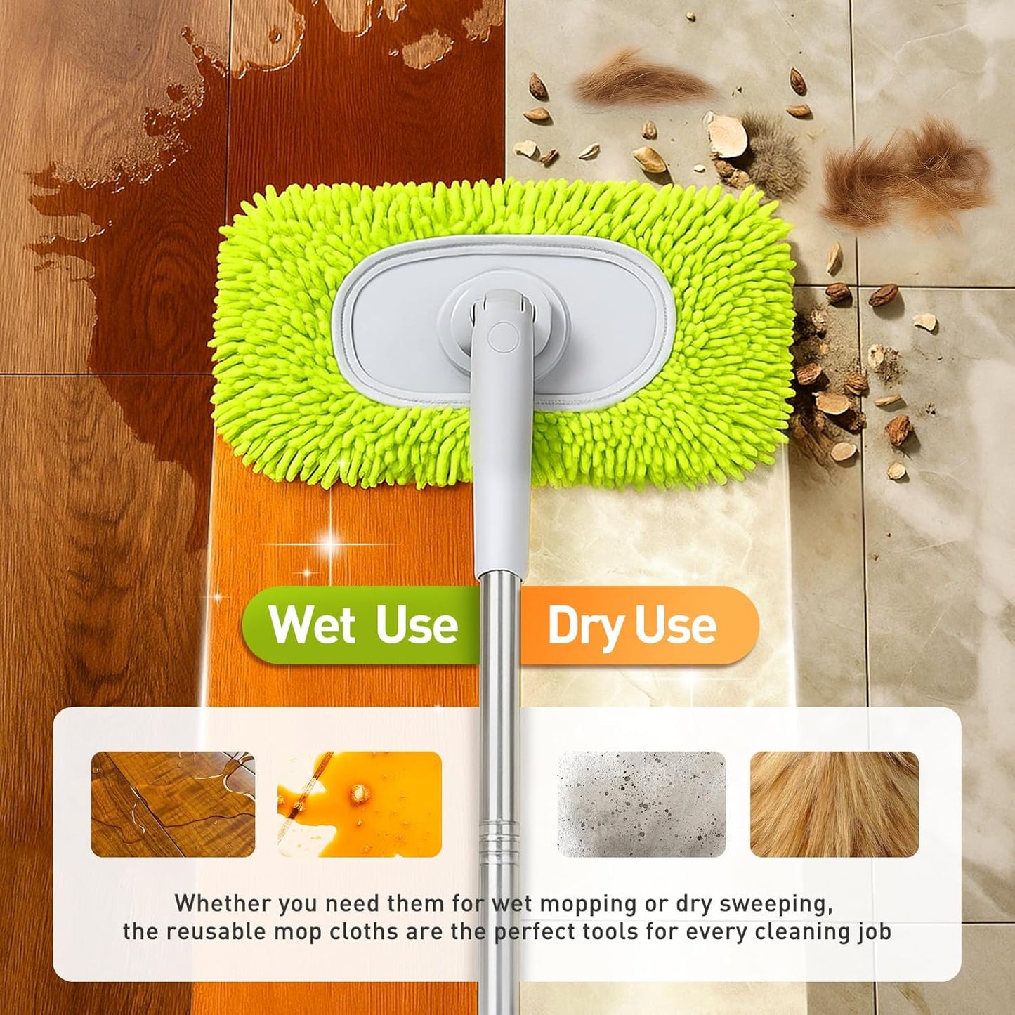 6PCS Reusable Mop Pads Fit for Flat Mops, Chenille Mop Refill Pads Washable Mop Covers, Household Replacement Mop Pads Wet & Dry Sweeping Cloths Mopping Pad Refills for Hardwood Floor Cleaning (Green)