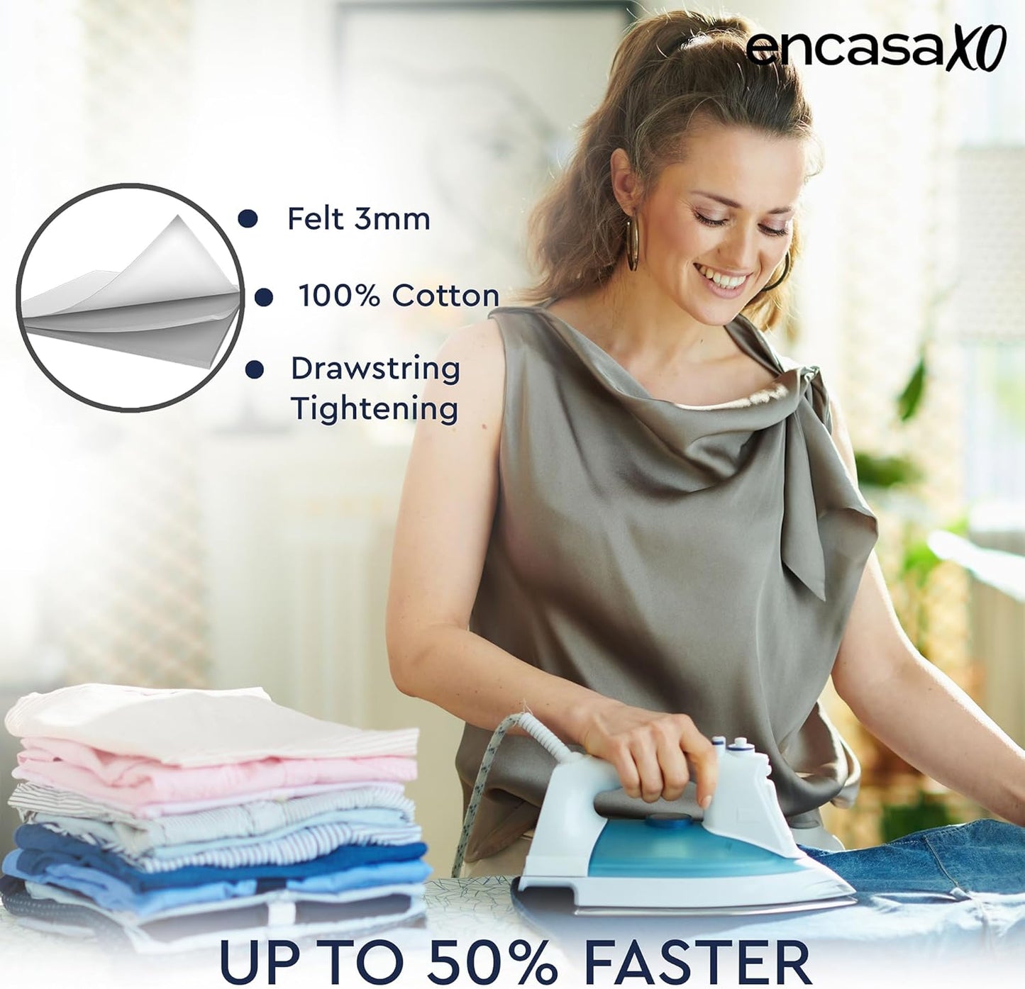 Encasa XO Ironing Board Cover and Pad 28"x12" - Thick 3mm Felt Padding, Drawstring Tightening & Lock, Easy Fit, Scorch & Stain Resistant, Fits Mini Ironing Board - Daisy Beige