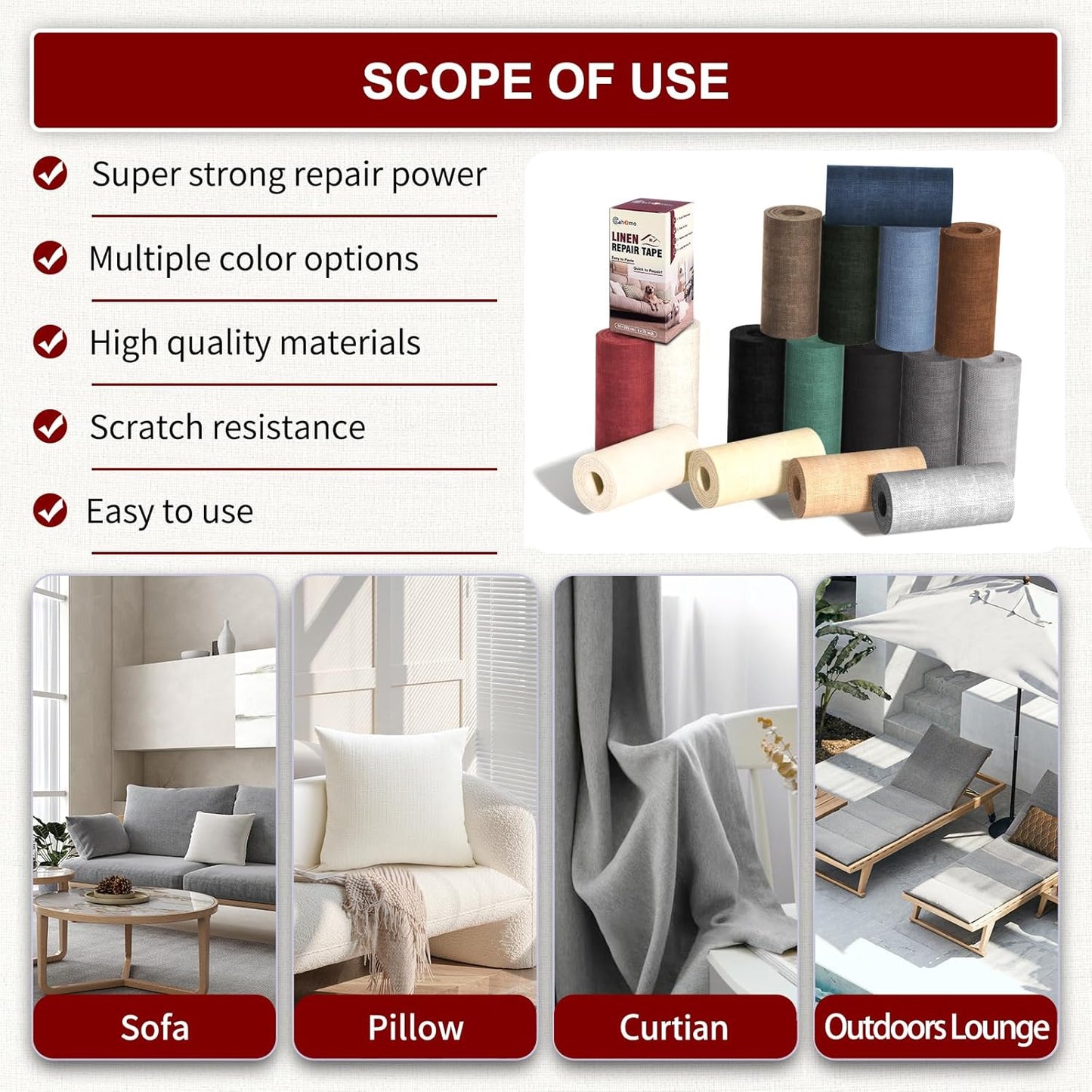 Linen Repair Tape 16x90 inch, Self Adhesive Fabric Patches, Linen Patch Tape Kit, Fabric Repair Tape for Couch Sofas, Headboards, Chairs, Pillows, Curtains, Couches - Dark Red