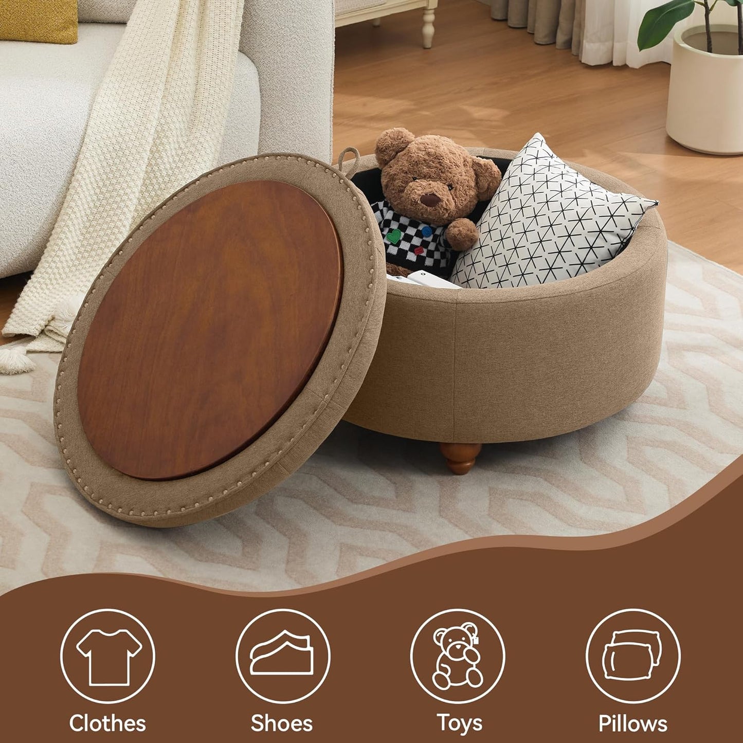 30Inch Round Storage Ottoman with Tray, Modern Tufted Fabric Circle Coffee Table with Storage, Upholstered Ottoman with Removable Top for Living Room, Bedroom, Brown