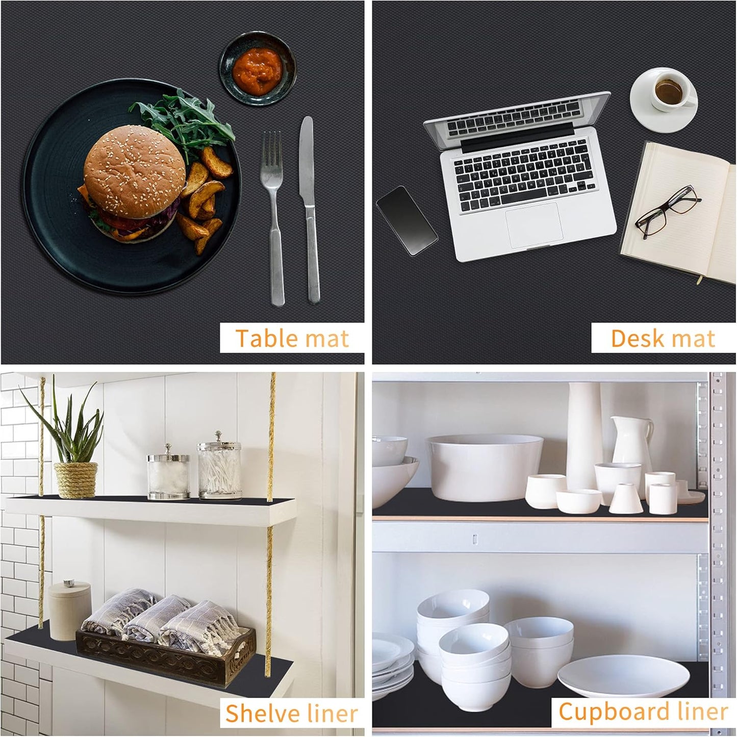 Kitchen Shelf Liner Drawer Liners, Non-Adhesive Refrigerator Liners Waterproof Fridge Mats with Strong Durable Kitchen Cabinets Mat for Drawers, Shelves, Pantry Black