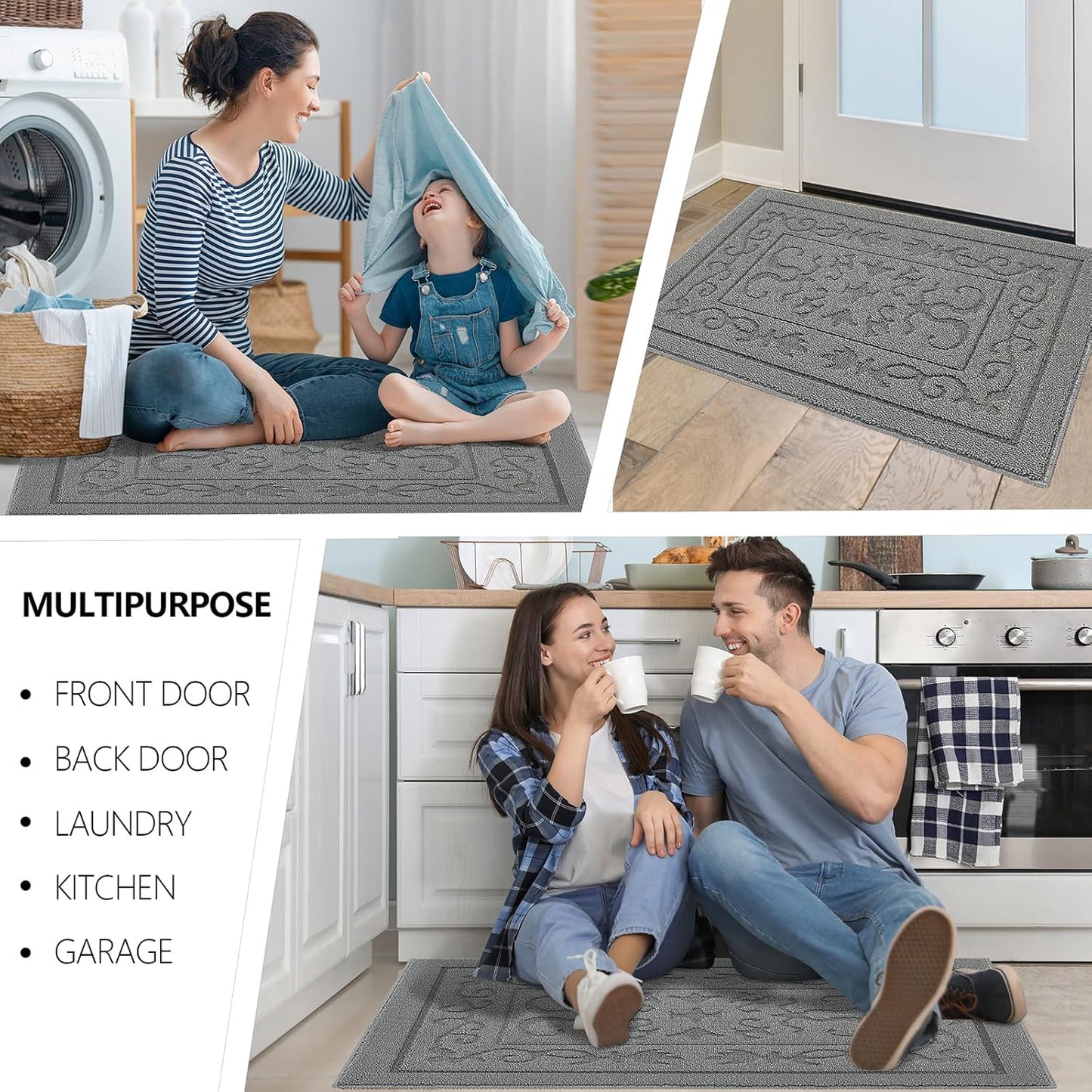 FONEYI Indoor Door Mat 20" x 32", Dirt Trapper Door Mats Non-Slip Entryway Rugs Washable, Absorbent Resist Dirt Welcome Mat, Low Profile Inside Floor Mats for Front Back Door and Entryway, Light Grey