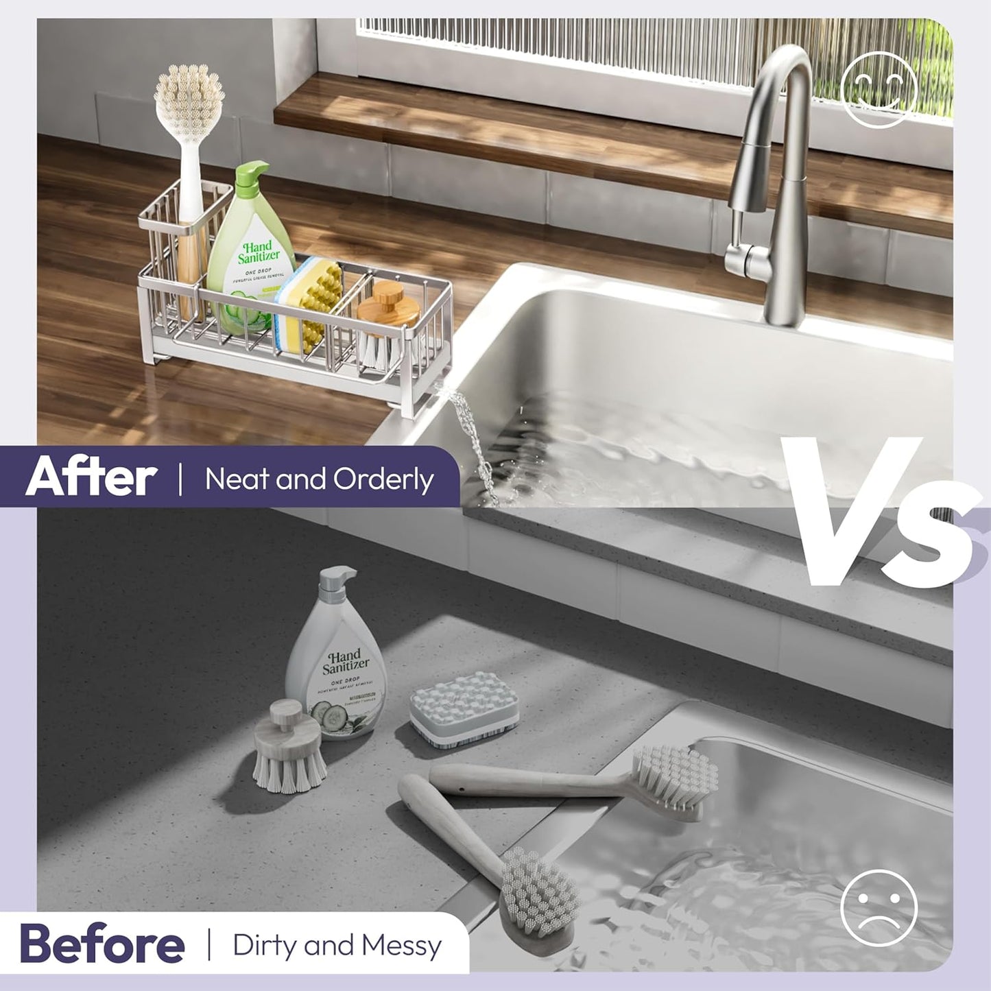 SWTYMIKI Sponge Holder for Kitchen Sink - Sink Caddy with Brush Holder Self-draining Sponge Caddy Organizer with Divider Stainless Steel Kitchen Accessories Storage for Countertop, Sand Nickel