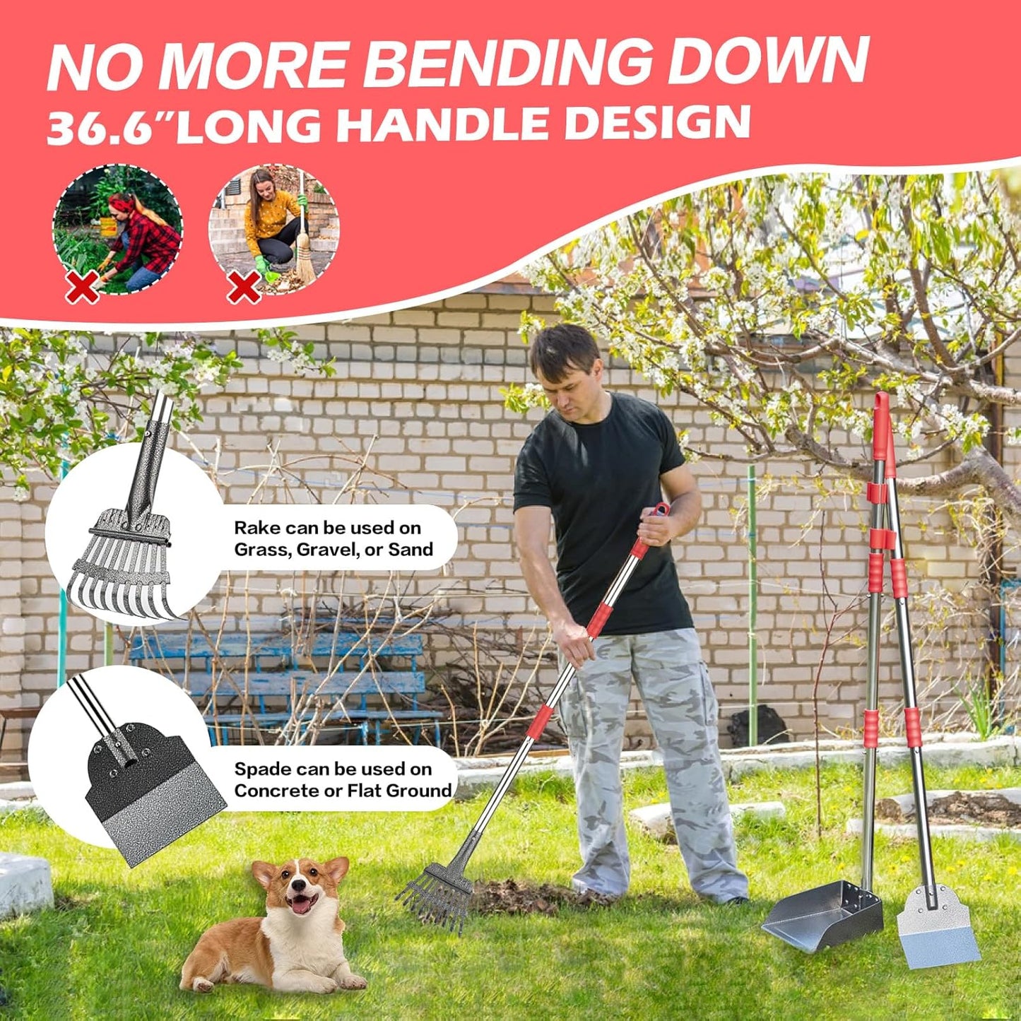 Pooper Scooper Set,Dog Poop Tray and Rake Set for Large & Small Dogs Dog Pooper Scooper 15 Litre Step Dog Poop Trash Can Outside W/Removable Inner Bucket with 20 Waste Bags