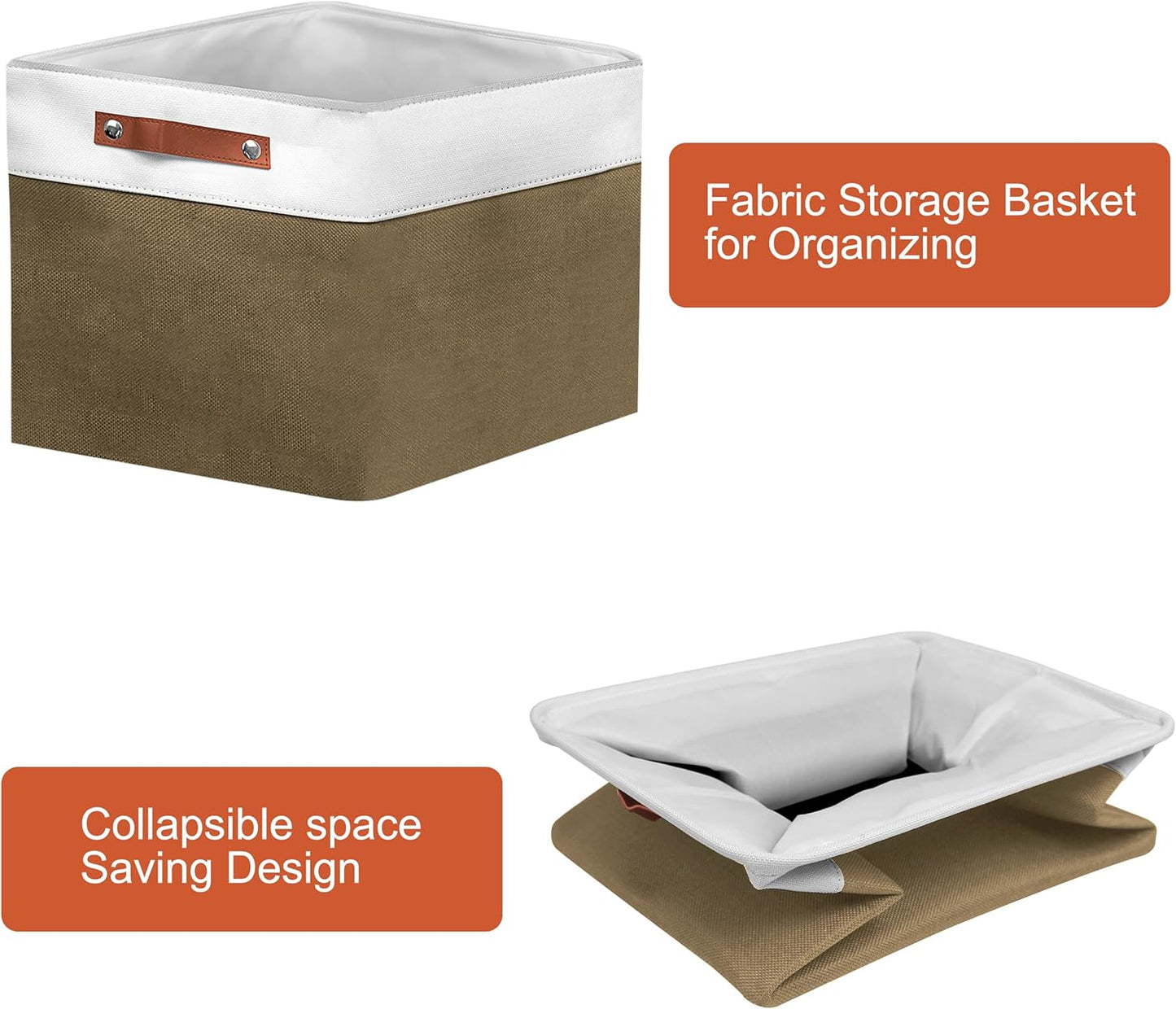 13in Open Fabric Storage Basket with Leather Handles for Organizing, Collapsible Linen Closet Bins for Shelves, Closets, Laundry, Decorative Basket for Gifts. (White&Brown, 3PCS/13x13in)