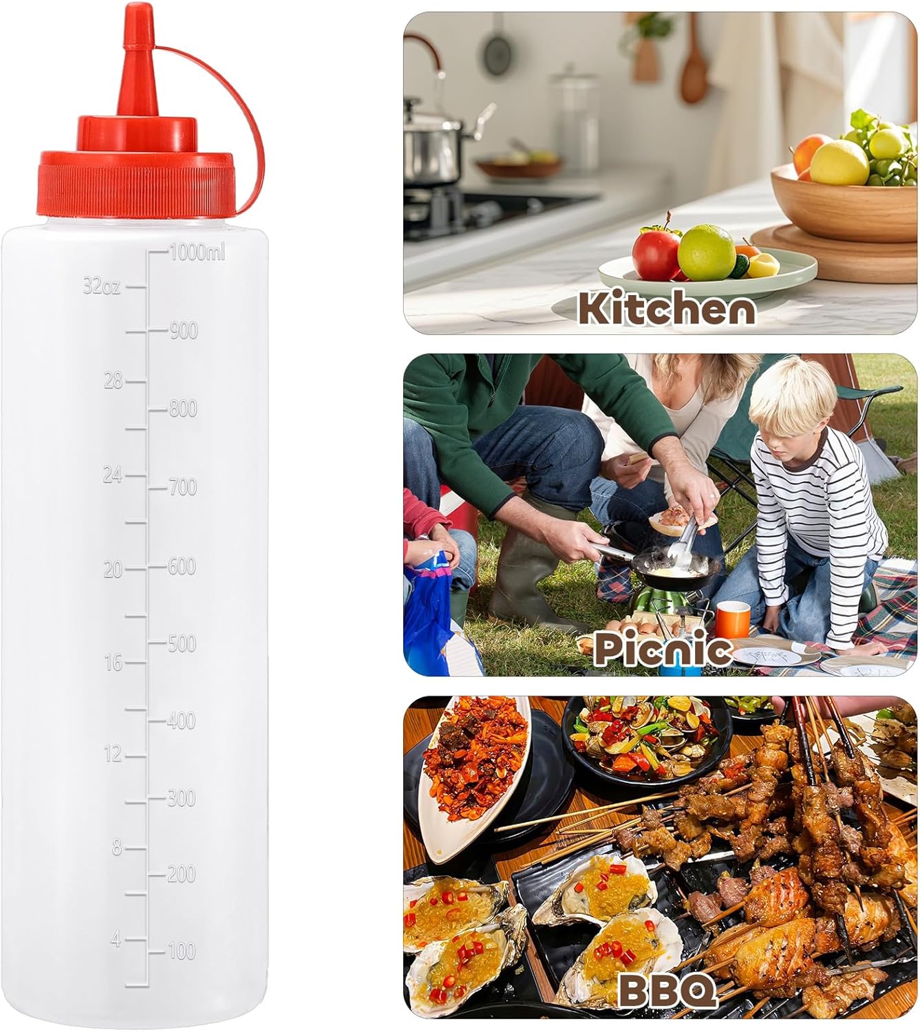 Condiment Squeeze Bottles Ketchup Dispenser, 6 Pack 32oz Squeeze Bottles for Liquids, Plastic Sauce Bottle with Cap Lid, Squirt Bottles for Sauces Liquids BBQ Dressing Pancake Art