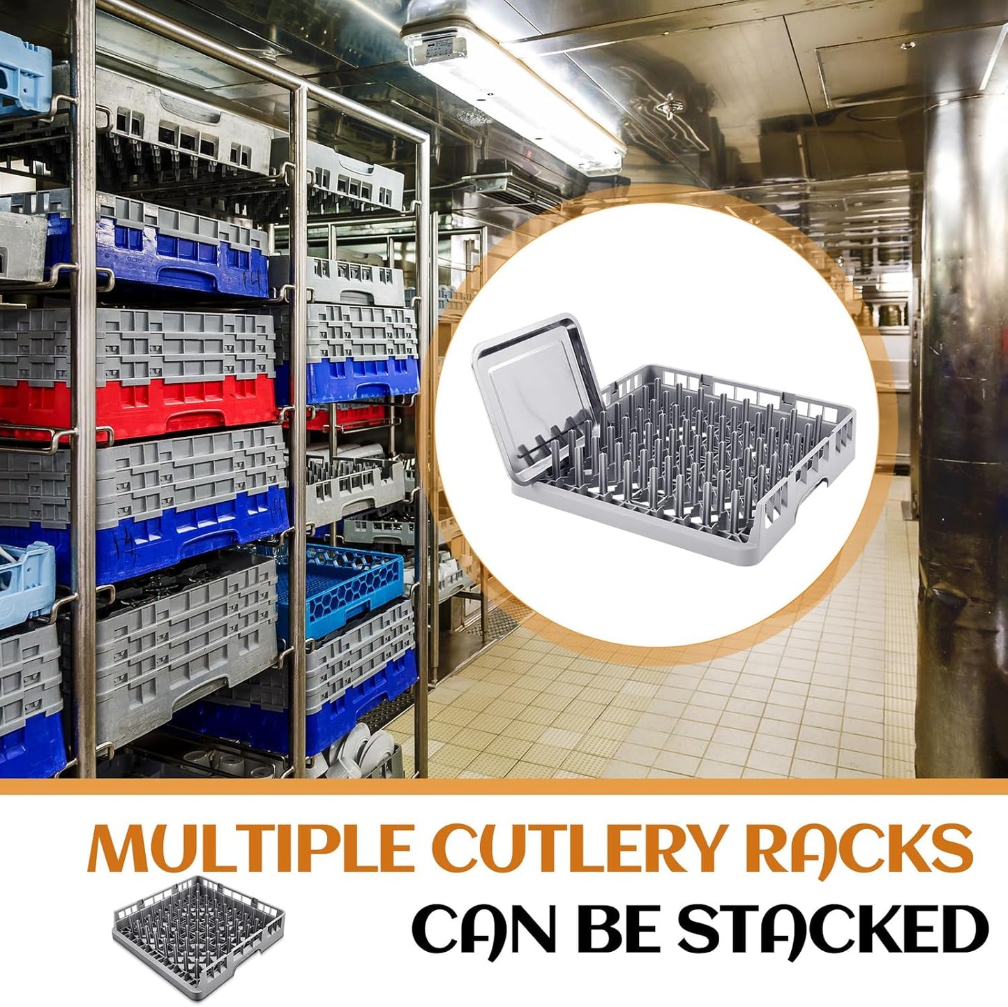 Commercial Dishwasher Tray Rack Polypropylene Full Size Flatware Rack for Bowls Plates Knives Forks Cups (19.7 x 19.7 x 3.97 Inch,Peg Dish Opening,Gray)