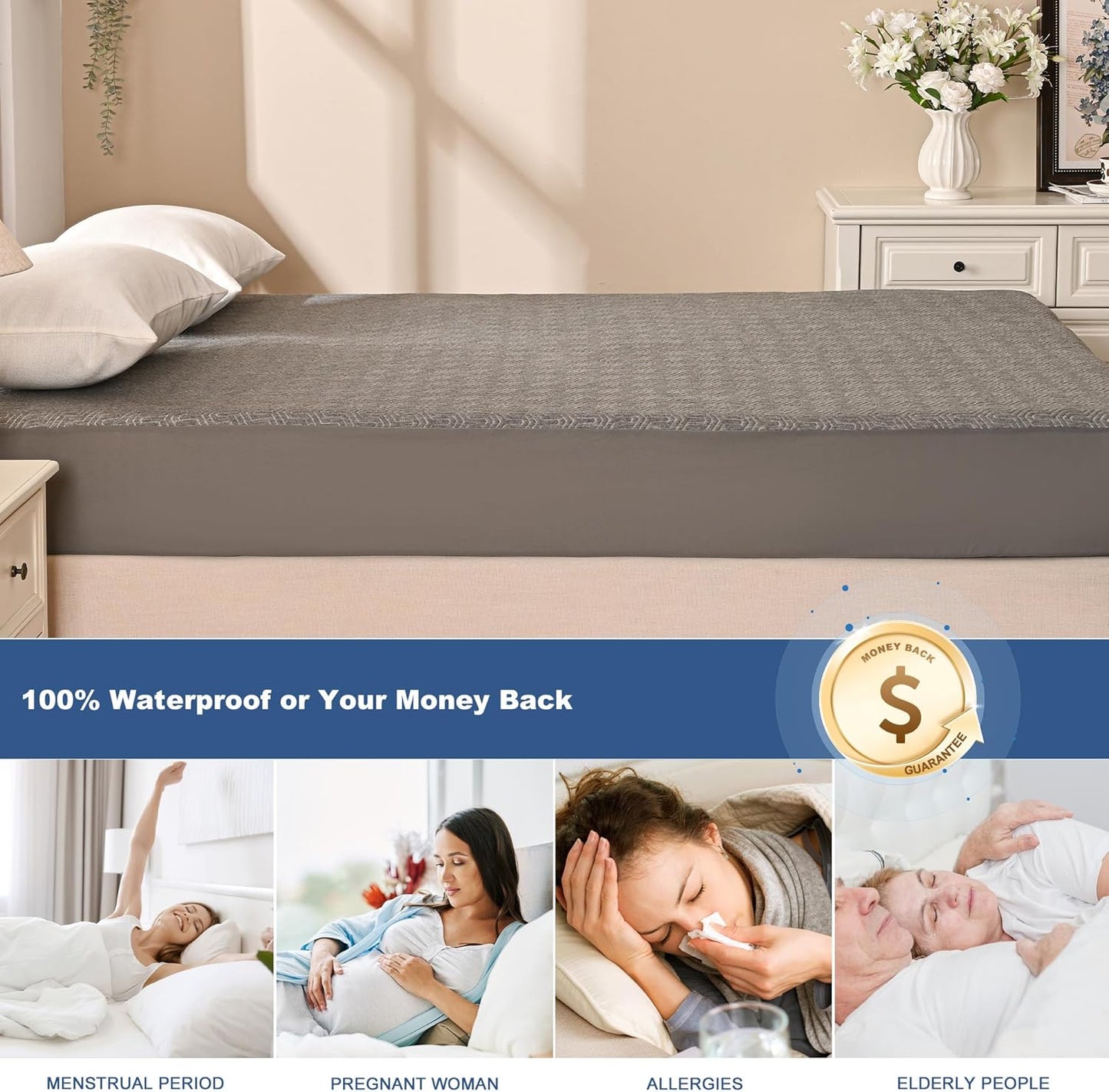 GRT Cal King Mattress Protector Waterproof, Breathable Bamboo Charcoal Fiber Mattress Cover, Noiseless and Odor Free Upgraded Mattress Protector with Double-Barrier Protection, 8"-26" Deep Pocket