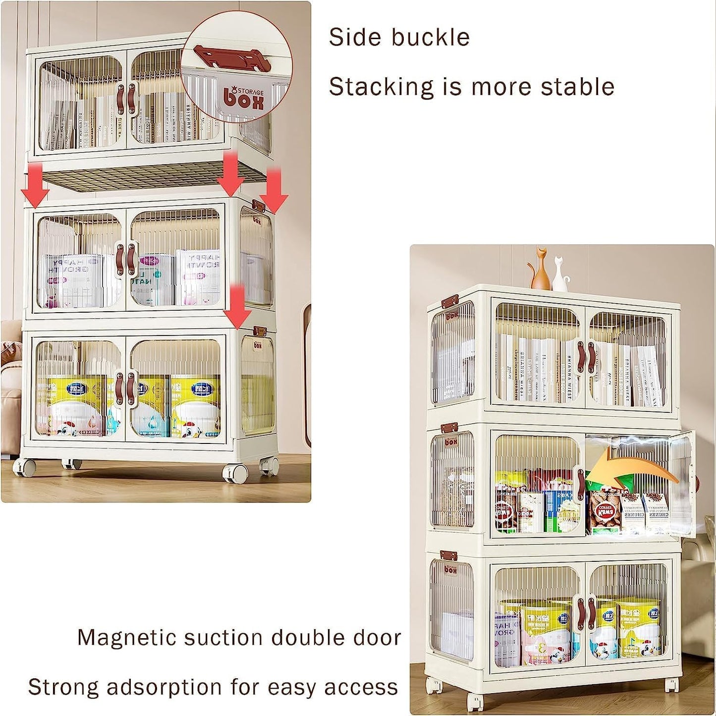 Multi-Purpose Stackable Plastic Storage Bins with Wheels & Lids - Space-Saving Foldable & Collapsible Organizers for Home, Pantry, Office, Dorm, Craft Room & Closet (3 Layers)