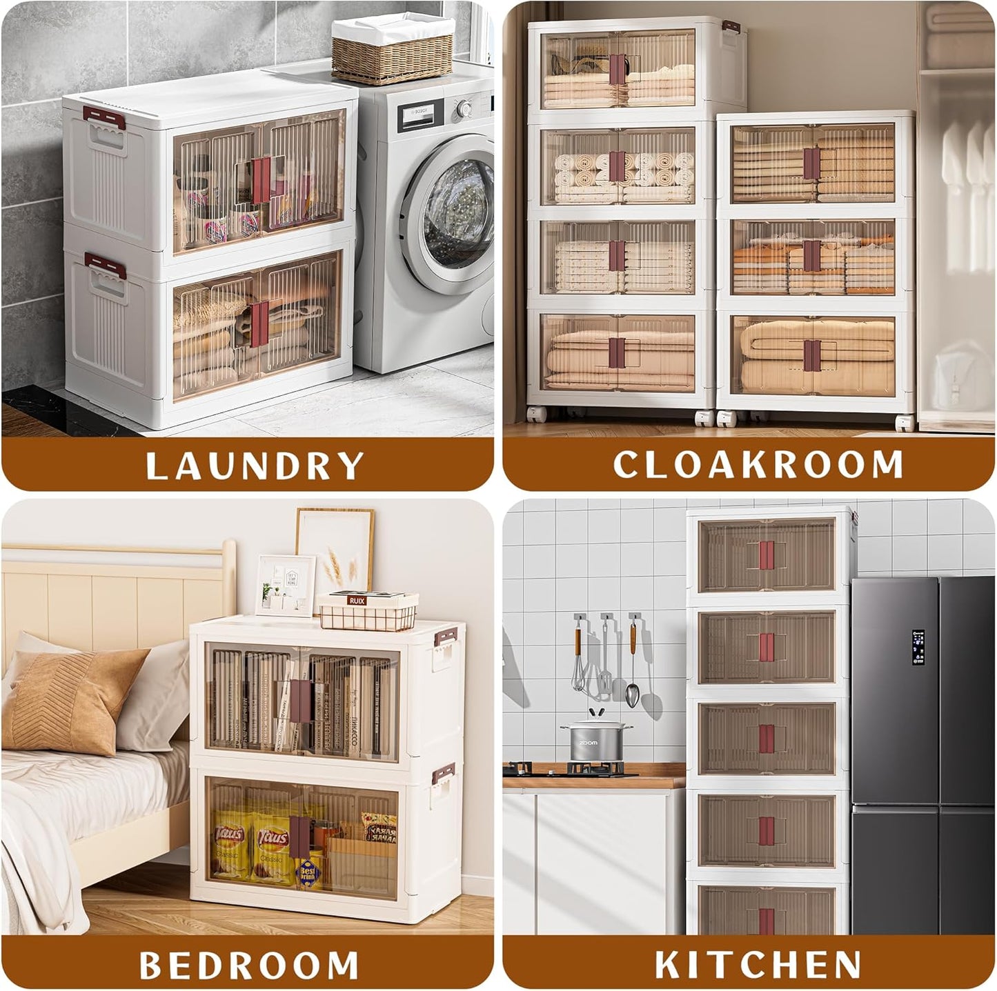 60GAL/240QT 4 Tier Large Stackable Storage Bins with Lids and Wheels, Collapsible Storage Bins Plastic with Doors, Suitable for Clothes, Closet, Home and Office