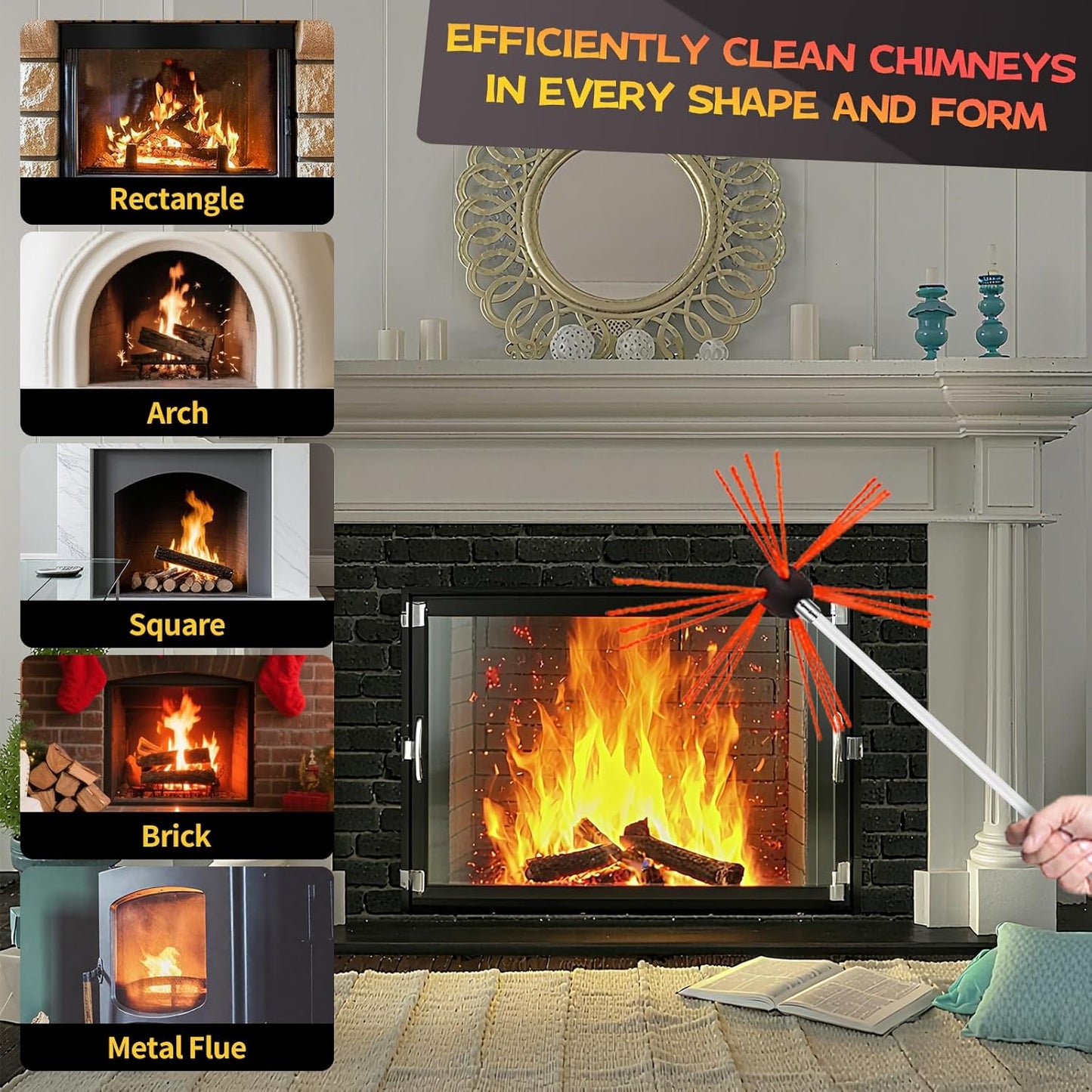 20 Feet Chimney Sweep Kit, Chimney Cleaning Kit with 6 Flexible White Chimney Rods, Rotary Chimney Cleaning System Driven by Drill for Sweeping Fireplace, Chimney Cleaners with Strong Brush