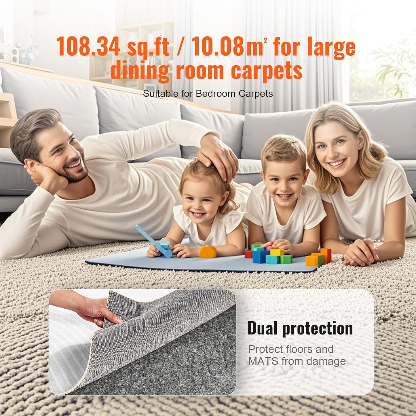 VEVOR Rug Pad Without Slip Resistance, Protective Cushioning Carpet Pad 9' x 12', 1/2" Thick, 100% Pure Polyester Felt, 10-11㎡ Premium Comfort Underfoot Carpet Padding Rug Cushion for All Floor, Gray