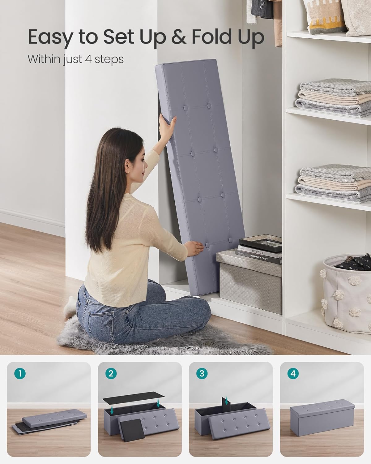 SONGMICS MAZIE Collection - 43 Inches Folding Storage Ottoman Bench, Ottoman with Storage, Foot Rest Stool, Load 660 lb, for Living Room, Synthetic Leather, Light Gray ULSF70GY