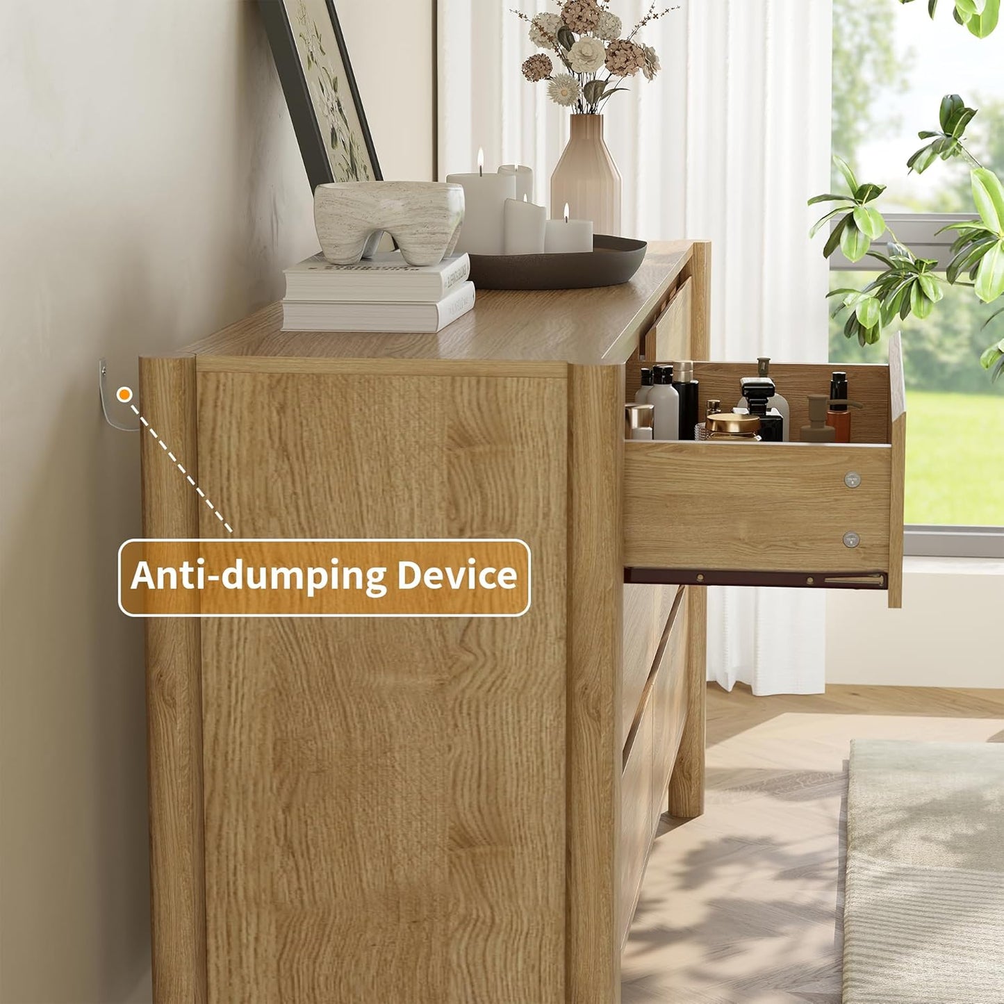 Dresser for Bedroom with 6 Drawers,47" Wide Oak Dresser with 4 Solid Wood Legs, Wooden TV Stand,Closet Clothes Organizer for Bedroom, Hallway