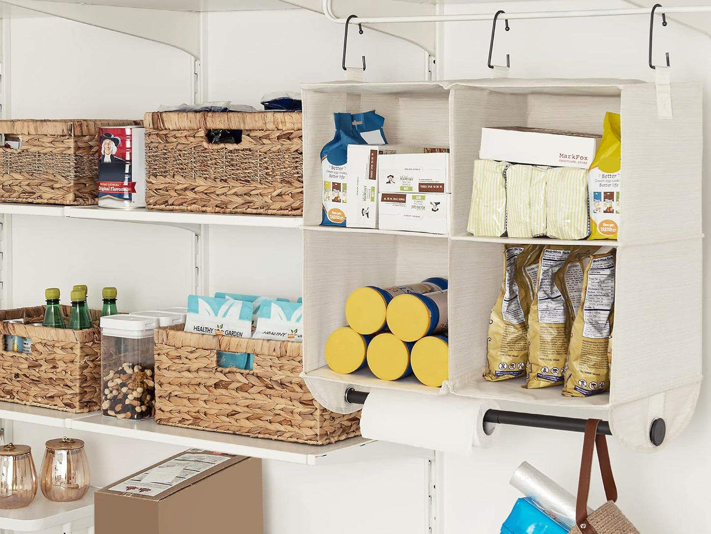 StorageWorks Hanging Closet Organizer with Metal Rod, 4-Section Closet Organizers and Storage, Collapsible Hanging Shelves for Baby Clothes, Shoes, Sweater Storage, Ivory and White