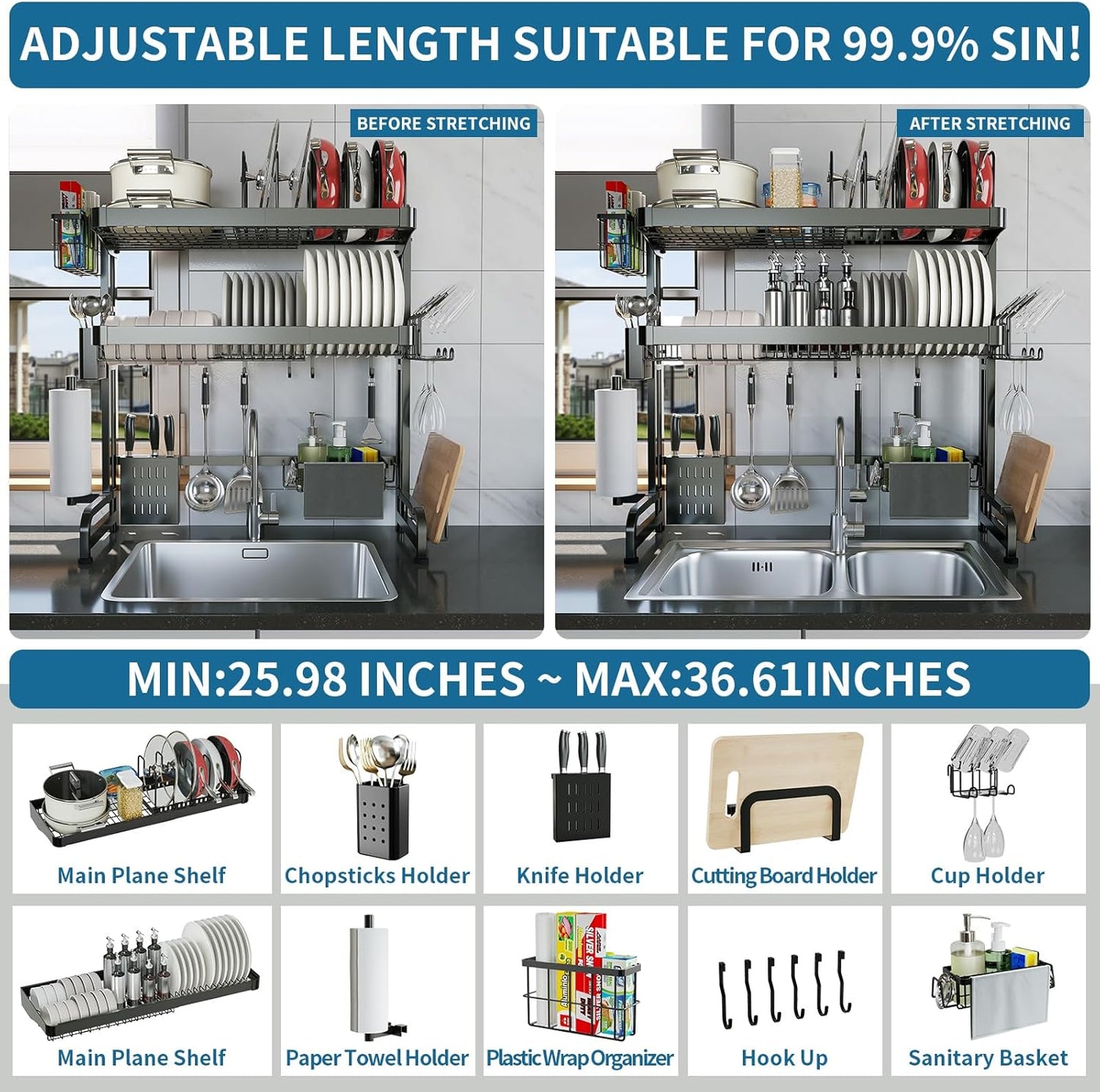 Over The Sink Dish Drying Rack,3 Tier Adjustable Length Full Stainless Steel Large Storage Kitchen Dish Rack,for Kitchen Counter Expandable Multifunctional Organizers,Silver (25.5'' to 37.6'')