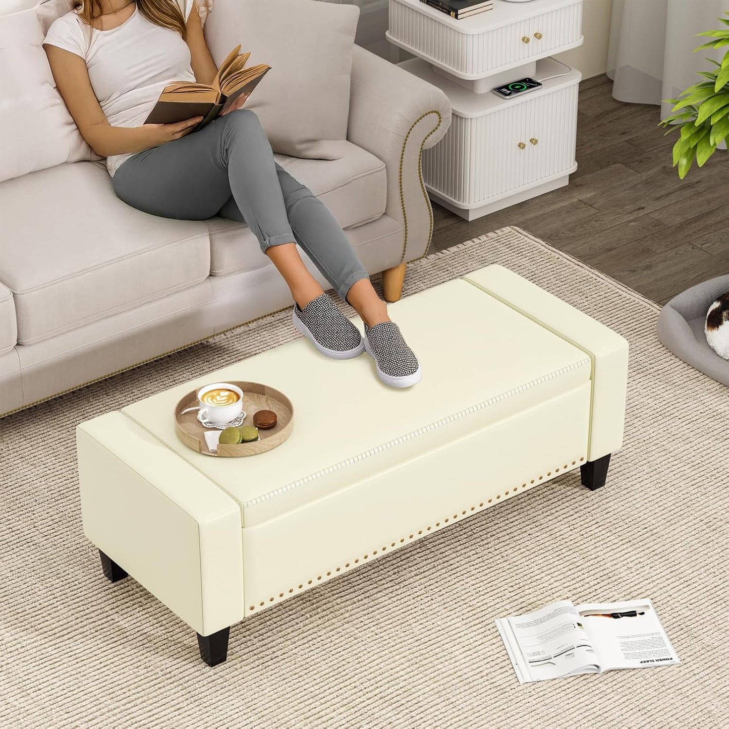 48.8" Storage Ottoman Bench Cream White | Faux Leather Bedroom Bench with Lift Top for Living Room & Bed End