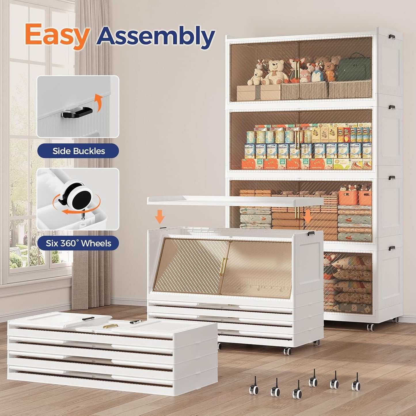 240GAL Extra Large Storage Bins with Lid, 960QT Collapsible Organizer with Wheels, Stackable Closet Cabinet with Doors, Folding Storage Containers for Home, Office, Dorm, 3Pack White