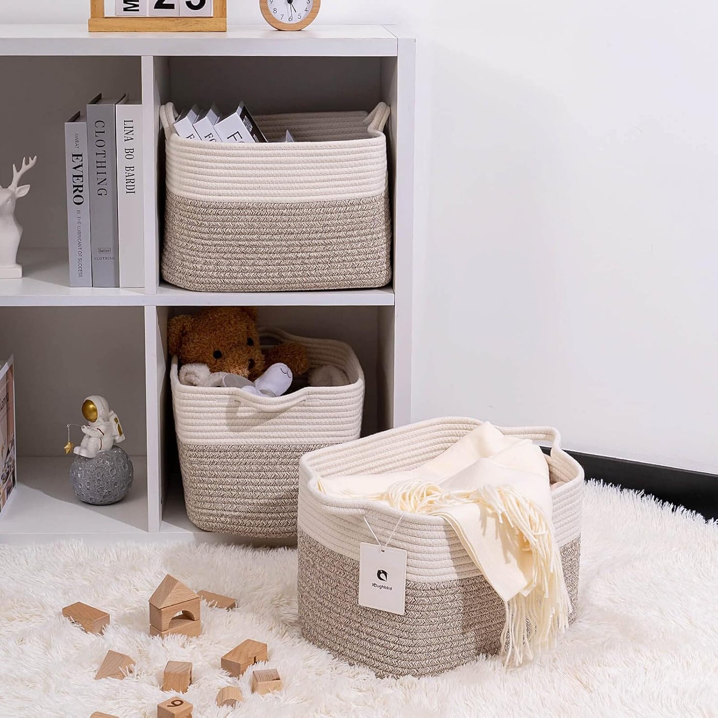 Medium and Large Woven Basket//With Handle, Used for Toys and Fabric Storage Basket used for Storing xl Storage Box, Decorative Storage Box Room 2pack (14L*10W*8.6H White Brown, 14Lx10Wx8.6H)