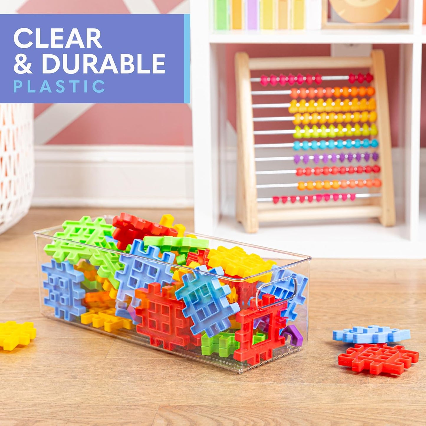 Plastic Food Storage 6 Pack Clear Container Bin with Handles for Organizing Kitchen, Pantry, Refrigerator, Freezer, Pantry, Cabinet, Closet, Bathroom. 16”x6”x5”