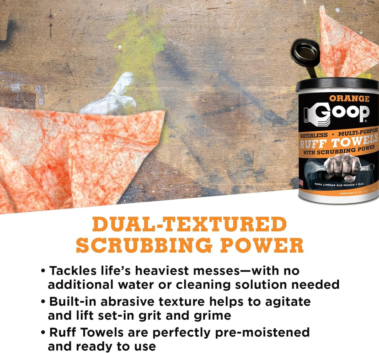 GOOP Orange Heavy Duty Ruff Towels with Scrubbing Power, 10ā x 12ā Dual Textured Multi-Purpose Cleaning Wipes, Removes Dirt, Grease, Oil, 72 Count (Pack of 2)