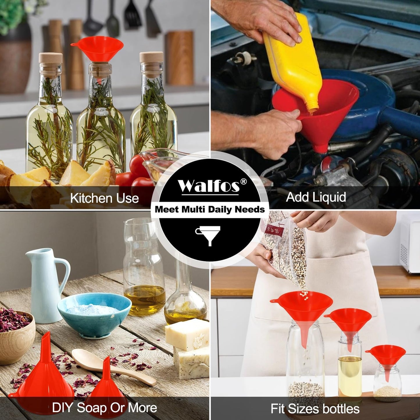 walfos 4pcs Kitchen Plastic Funnel (NO BPA),Automotive Funnel for Liquid Transfer,funnels for Filling Bottles, containers or Kitchen funnels for Laboratory use. red(4.7in&3.7in&2.7in&2in