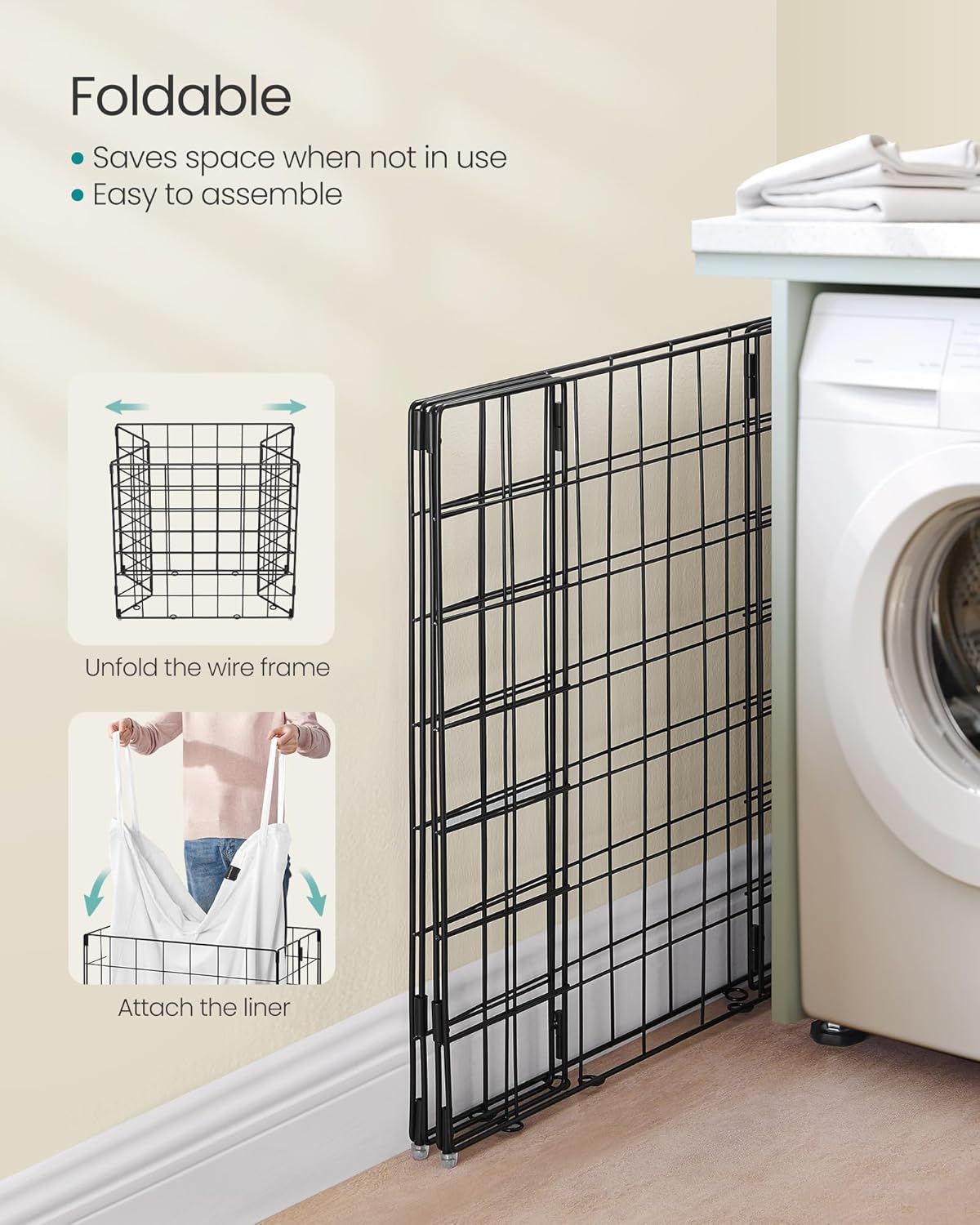 SONGMICS Laundry Hamper, 34.3 Gal. (130L) Laundry Basket, Collapsible Clothes Hamper, Removable and Washable Liner, Metal Wire Frame, for Bedroom Bathroom, Cream White ULCB113W01