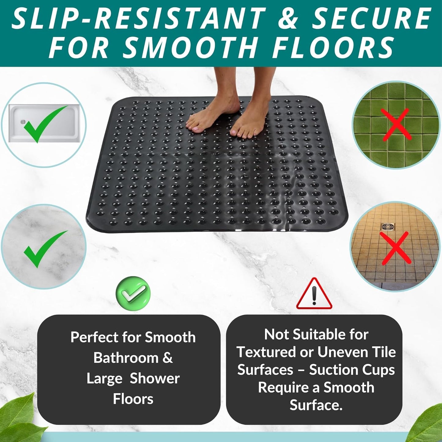 ENKOSI Extra Large Square Non Slip Shower Mat - 31 x 31-inch XL Bathroom Shower Mat - Square Shower Matts for Shower Stall Floors | Secure Suction Cups and Drain Holes (31x31 Charcoal)