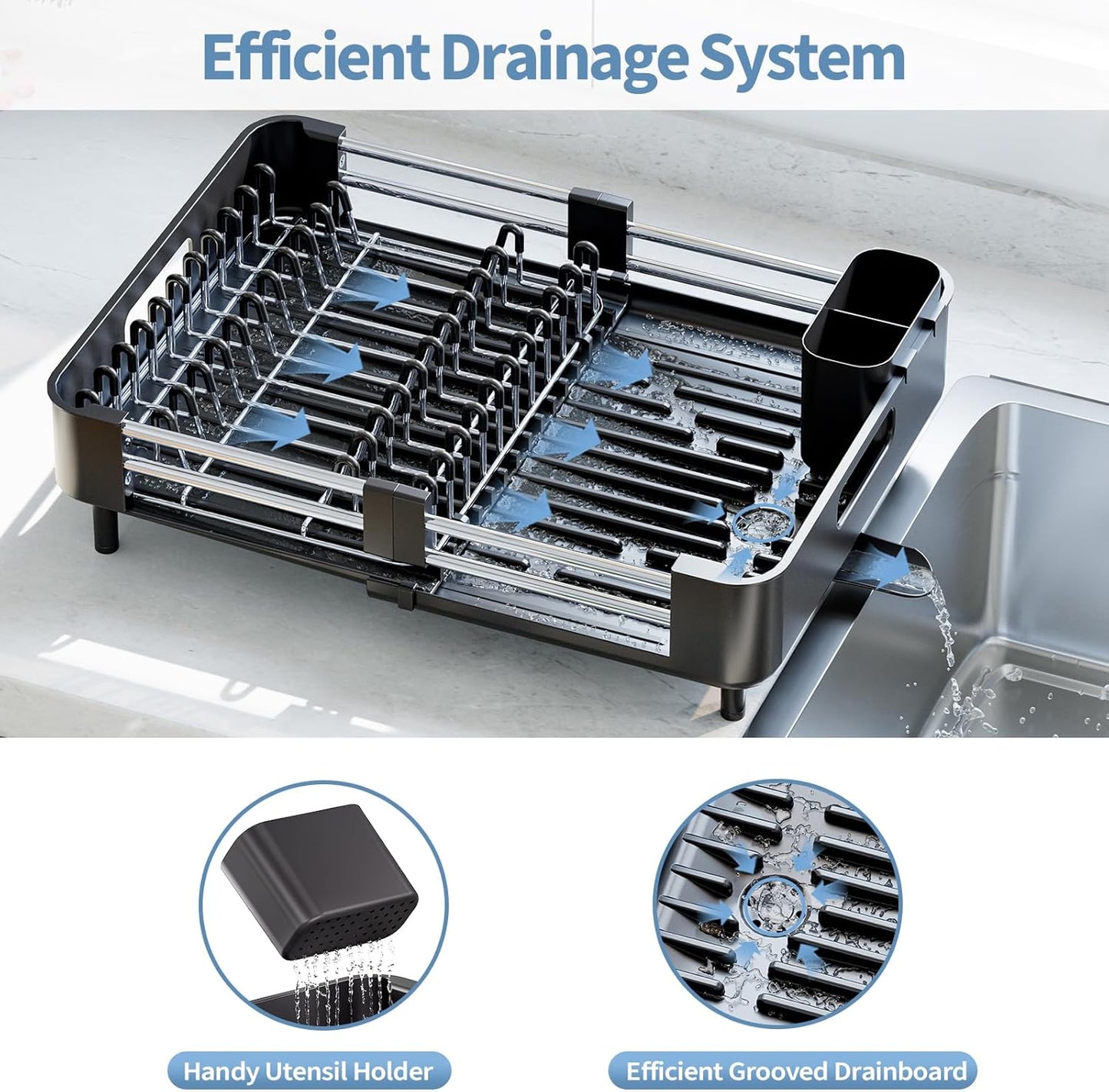 Dish Drying Rack for Kitchen Counter, Extendable Dish Rack with Drainboard, Collapsible Dish Drainer, Expandable Dish Strainer with Cutlery Holder, Foldable Home Countertop Plate Storage Rack, Black