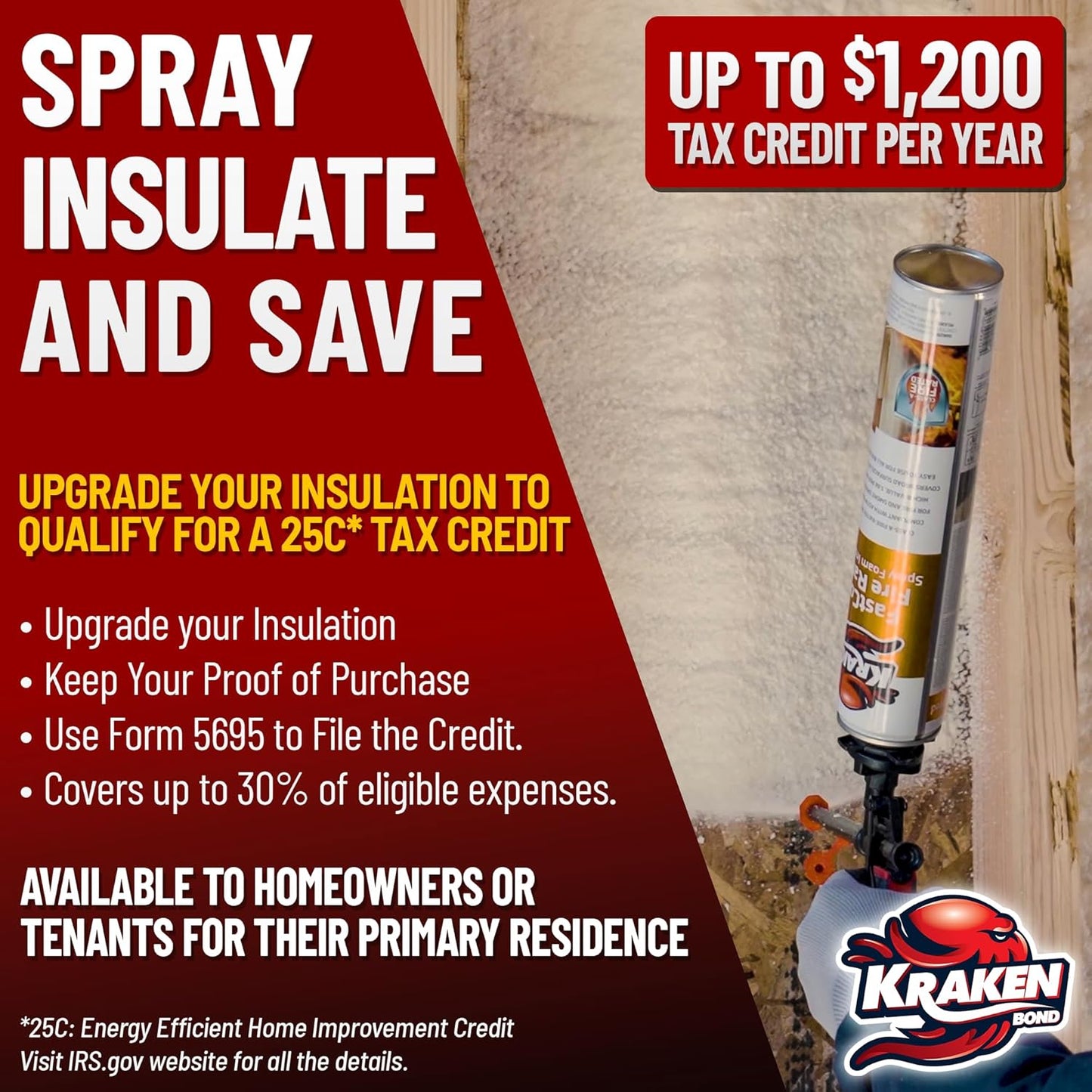 Kraken Bond Fastcoat Fire Rated Spray Foam Insulation Kit Closed Cell in a Can 120 sq ft (6x27.1 oz.) (R-Value 11.32 / 2in) - Spray Foam for Garage Door, Attic, Wall Gun & Cleaner Not Included, 6 Pack