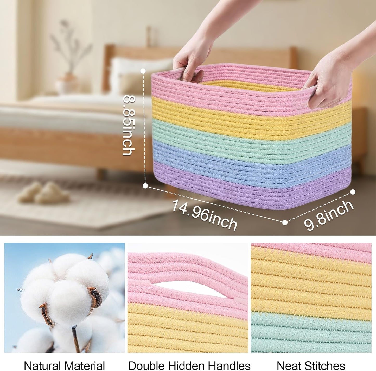 Shelf Baskets for Organizing, Woven Storage Basket for Shelves,Cotton Rope Storage Bins for Toys Books, Nursery Towel Baskets for Classroom, 14.96"X9.8"X8.85", 3-Pack Pastel Rainbow