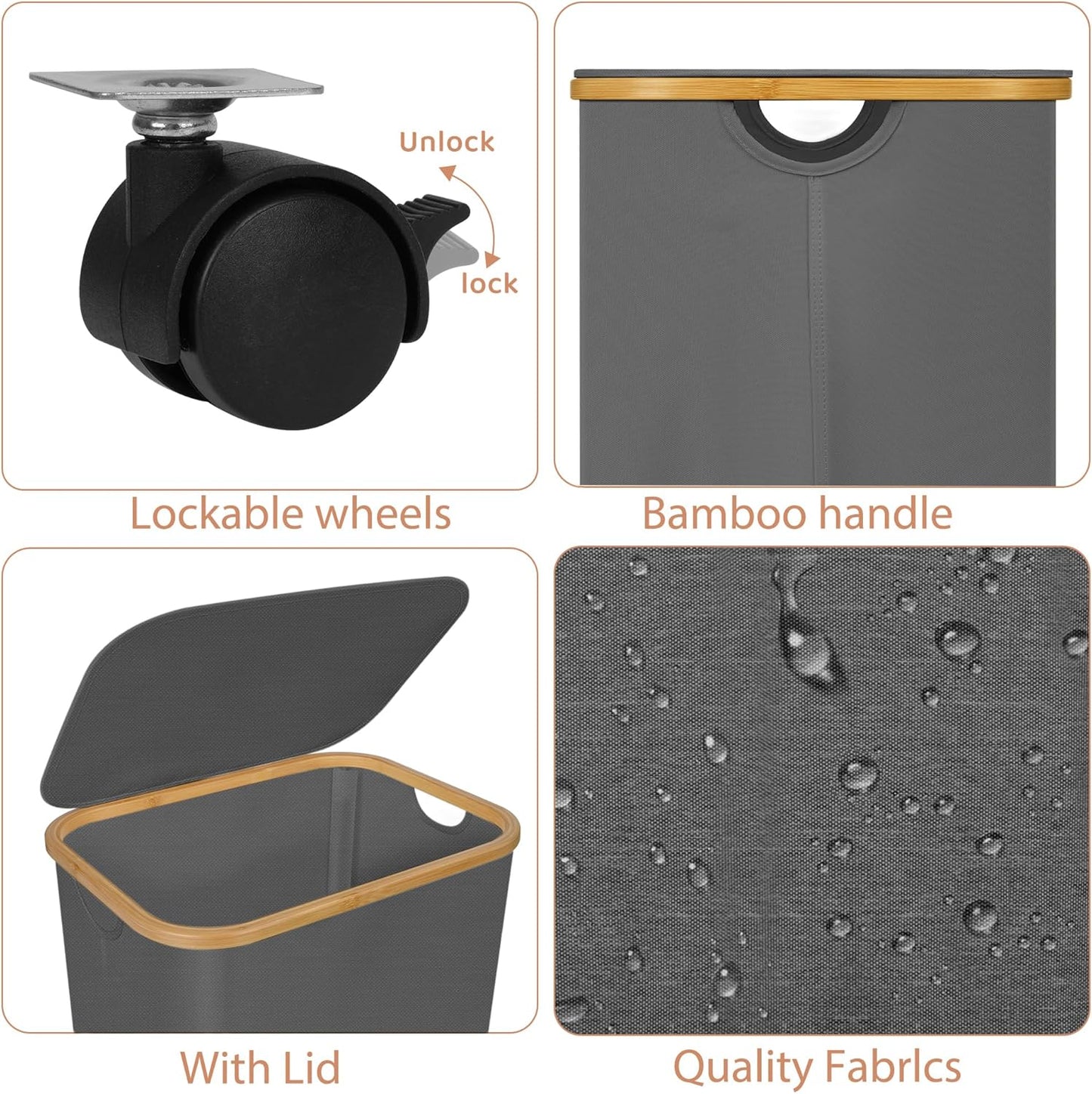 Laundry Basket with Wheels,100L Hampers for Laundry,Large Laundry Hamper with Lid and Bamboo Handles,Collapsible & Waterproof Tall Cloth Hamper for Dormitory Family,Grey