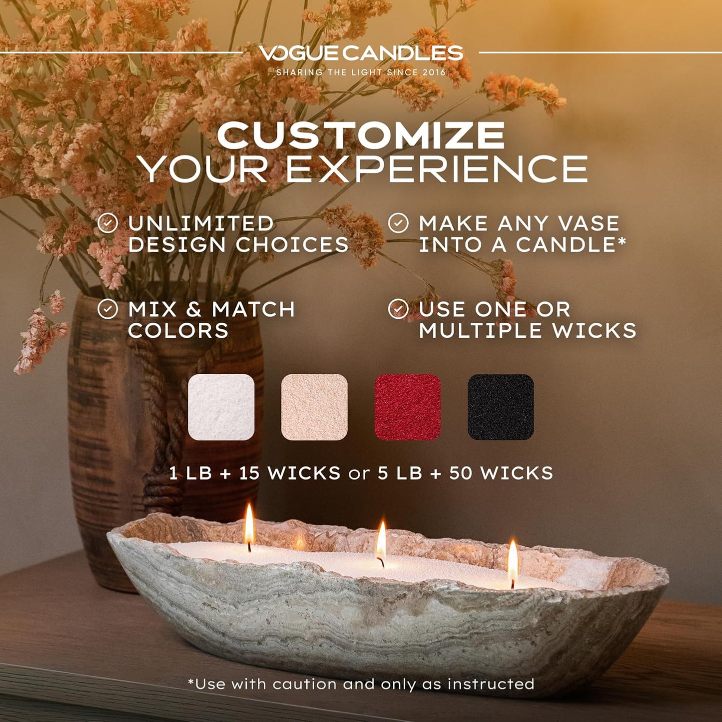 Vogue Candles 1LB Candle Sand with 15 Wicks | Plant-Based Refillable Wax Granules for DIY Candle Making | Clean Burning, Unscented, Smoke-Free, Vegan Candle Refill Kit- Red