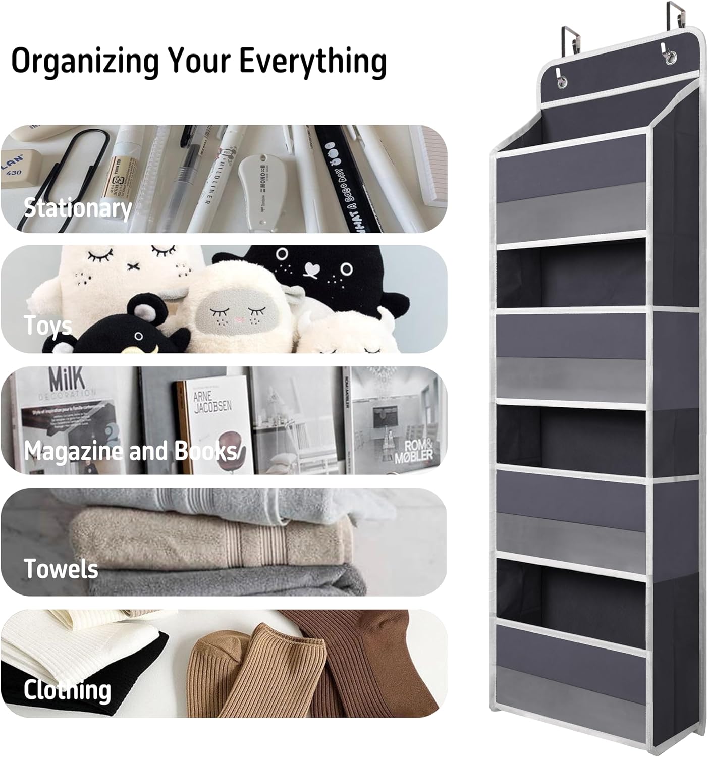 Over The Door Hanging Organizer with 4 Large Pockets – Closet, Bathroom, Nursery, Bedroom, Dorm Storage for Toys, Cosmetics, and Baby Essentials, Gray