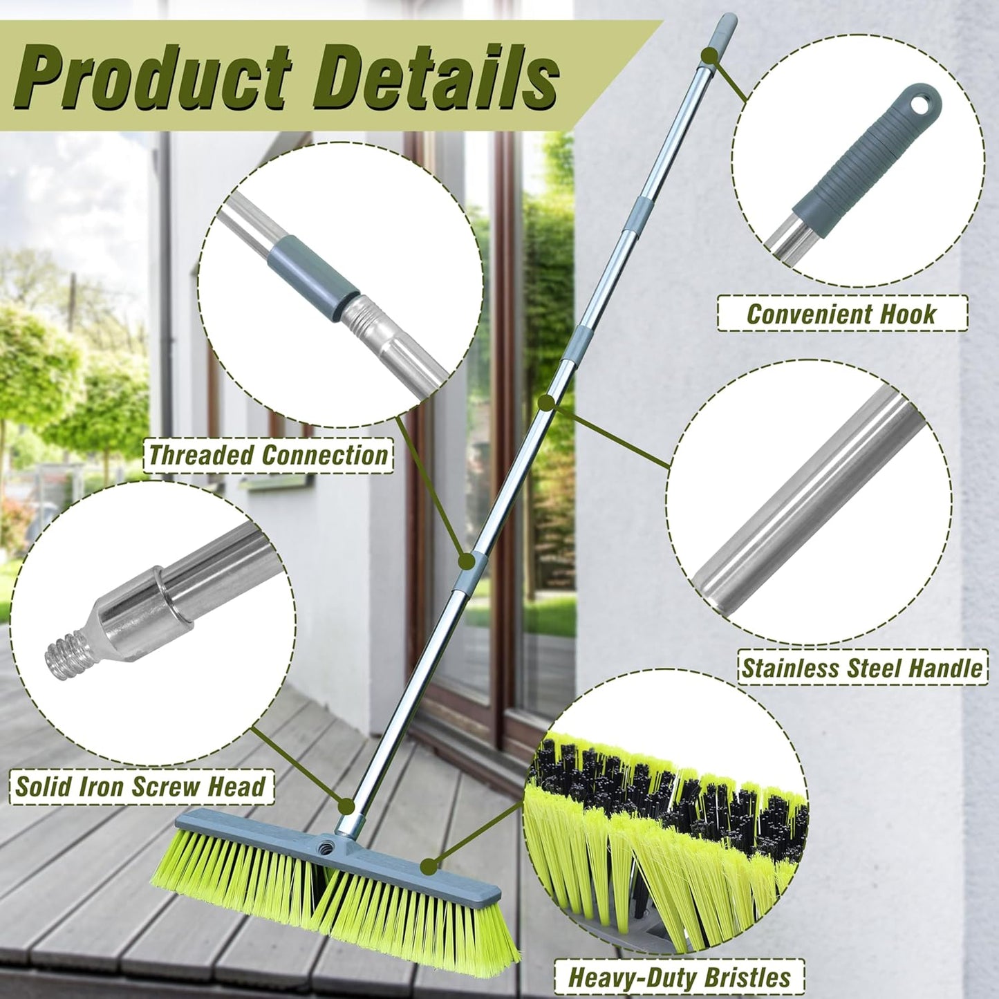 PHYEX Upgraded 18" Push Broom with Adjustable Long Handle, Total Length is 55", Multi-Surface Floor Scrub Brush for Cleaning Deck, Patio, Garage, Driveway