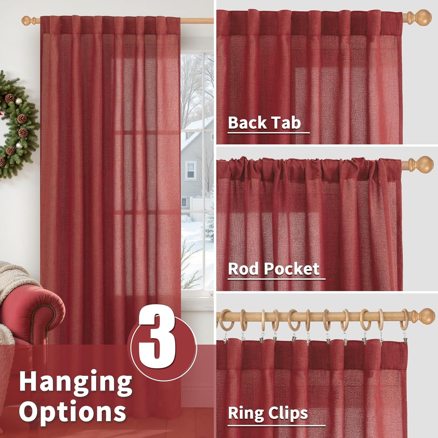 YoungsTex Red Linen Semi Sheer Curtains 84 Inch Length for Living Room 2 Panels Set, Christmas Light Filtering Window Treatments Drapes with Rod Pocket Back Tab for Bedroom Dining, 52 X 84 Inch
