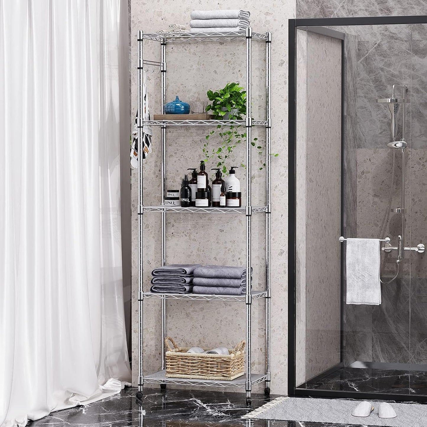 Himimi 5-Tier Storage Shelf Wire Shelving Unit on Wheels Heavy Duty Metal Shelves Adjustable Steel Rack Organization for Kitchen Garage Basement, Silver