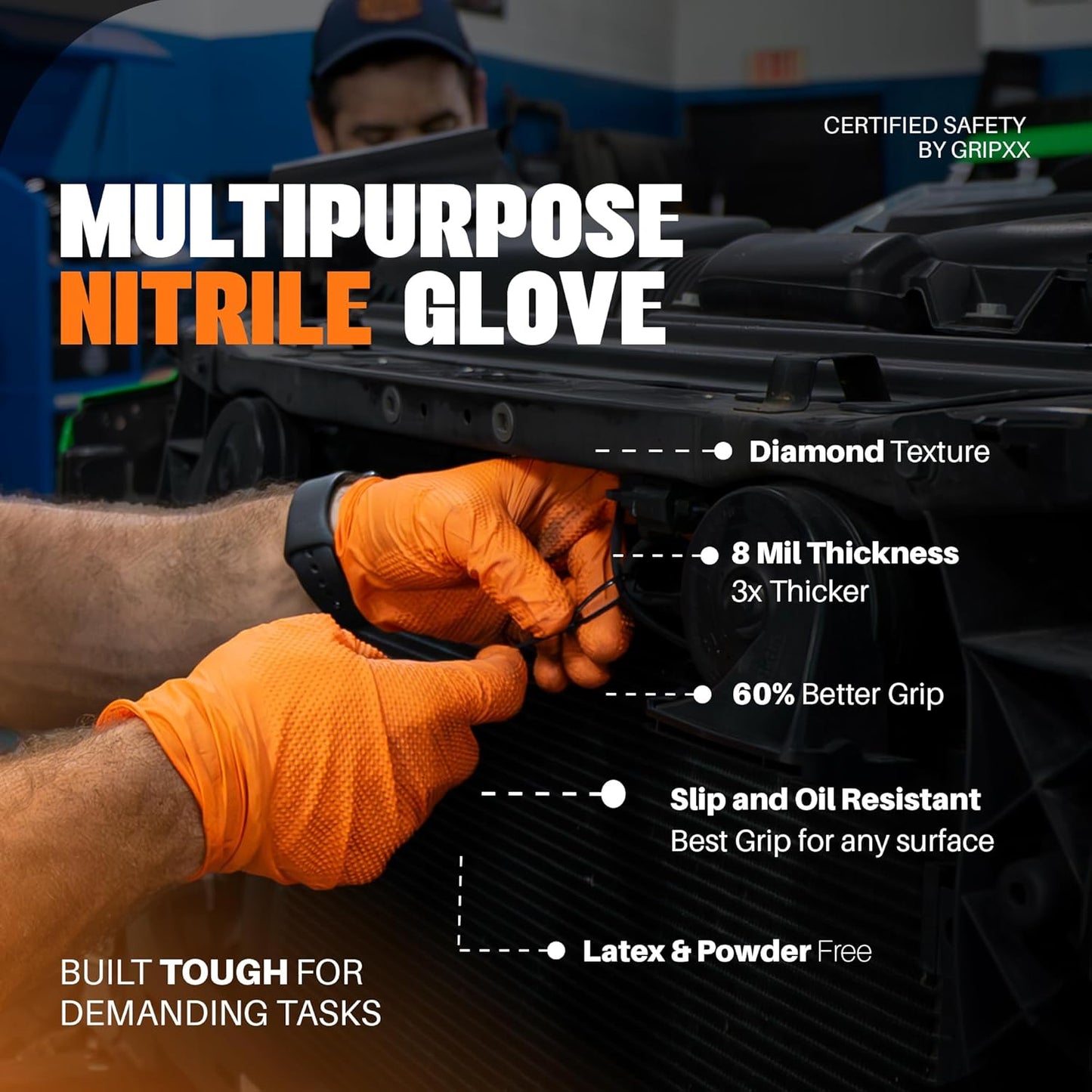 Herkules Grip Heavy Duty 8Mil Orange Nitrile Gloves,3D Raised Diamond Texture-Latex & Powder Free-Industrial, Mechanic