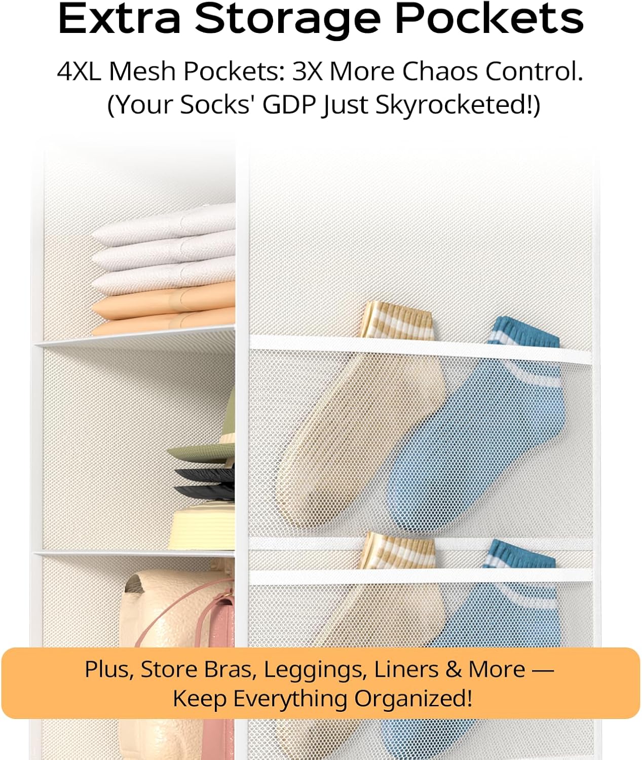 Extra Deep Hanging Closet Organizer with Shelves and Oversized Mesh Pockets, Heavy-Duty Structure, No Deformation, Max Storage for Clothes, Shoes, Hats, Dorms and RVs,1-Pack (White, 6 Tier)