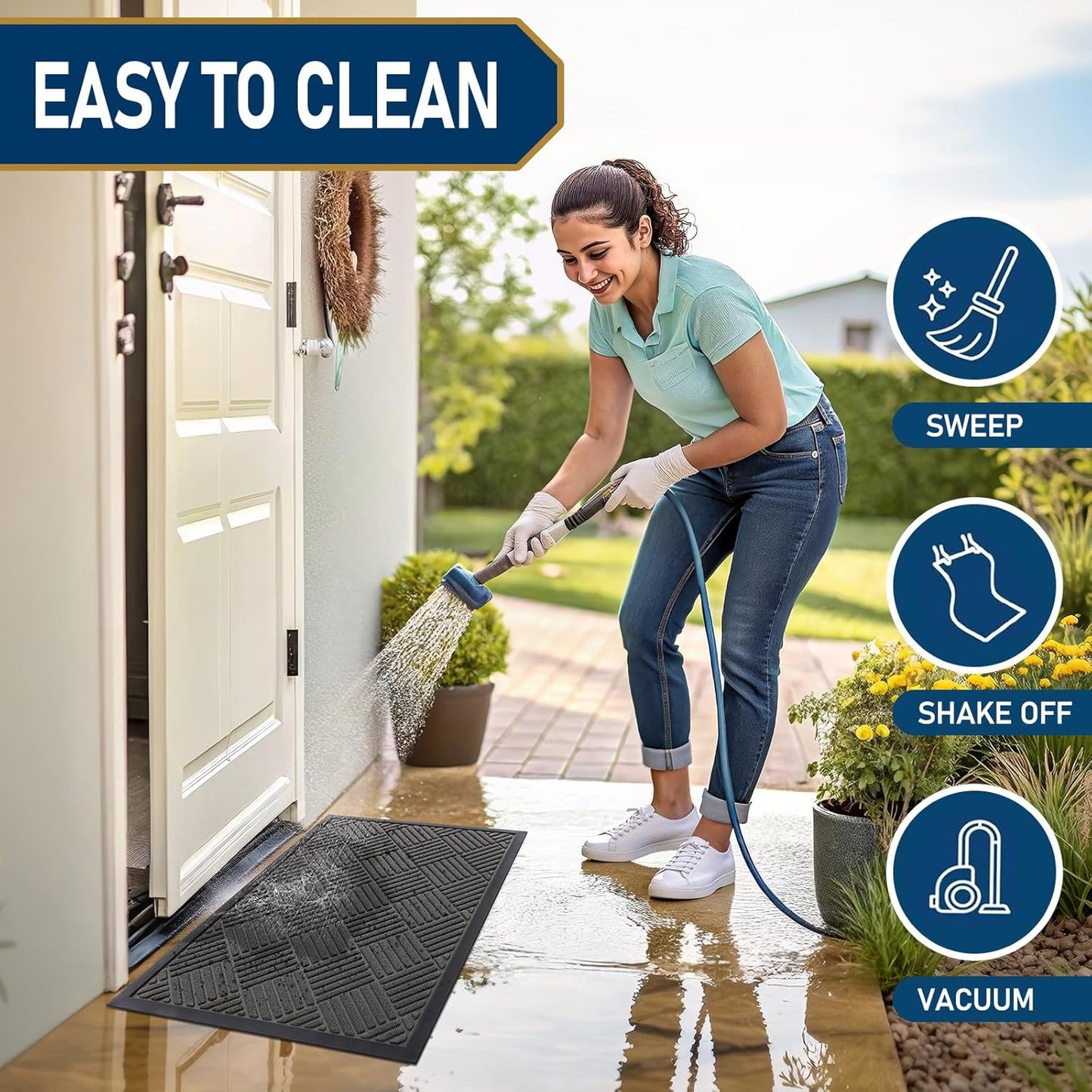 Smiry Front Door Mat Outside Entrance, Heavy Duty Outdoor Indoor Natural Rubber Doormat, Non Slip, Trap Dirt and Moisture, Easy Clean, Low Profile Patio Porch Entryway Mat, 47x23, Grey