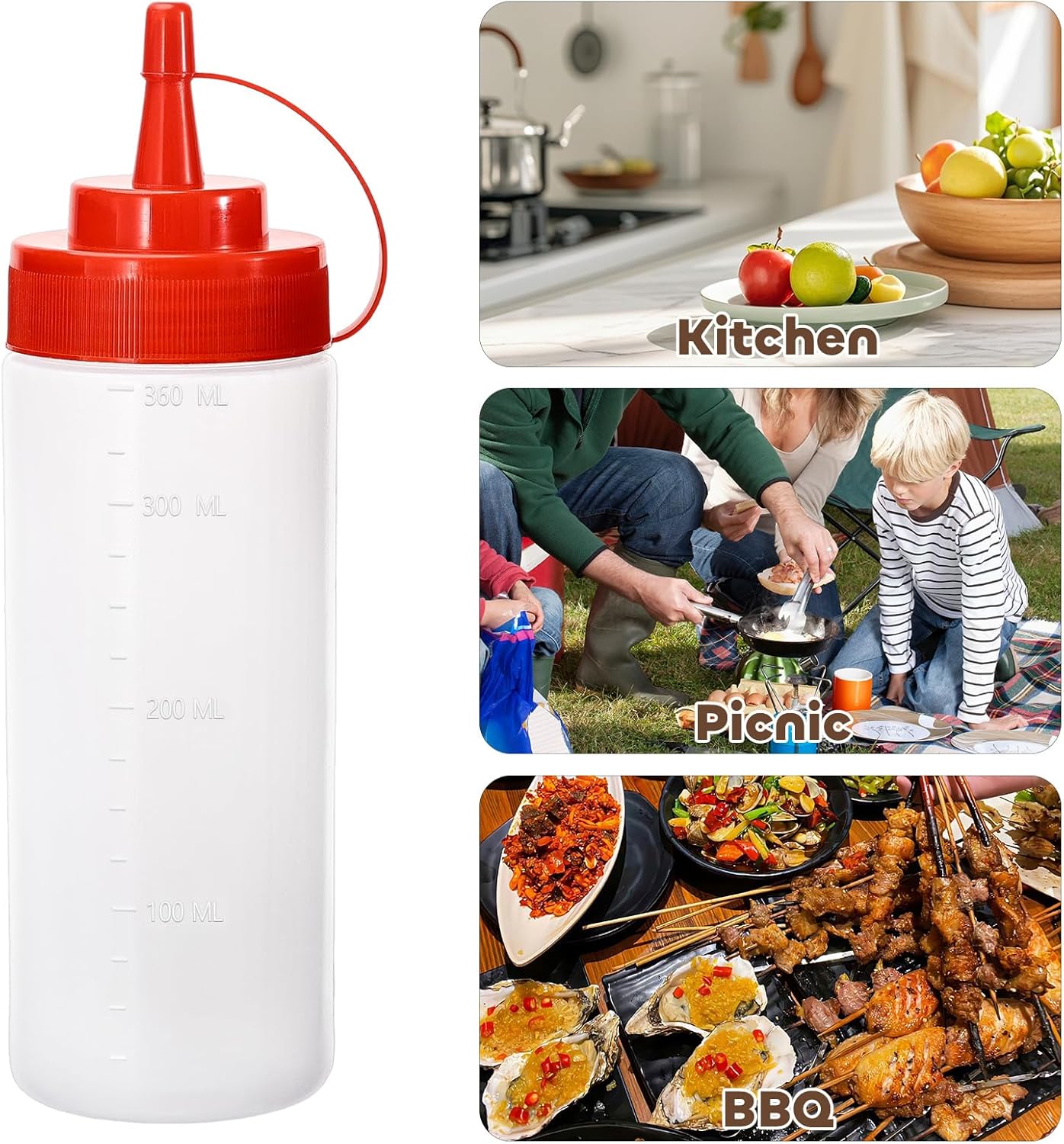 Squirt Bottles for Sauces Ketchup Bottles Squeeze, 2 Pack 12oz Condiment Squeeze Bottles for Liquids BBQ Dressing Pancake Art, Plastic Sauce Bottle with Cap Lid