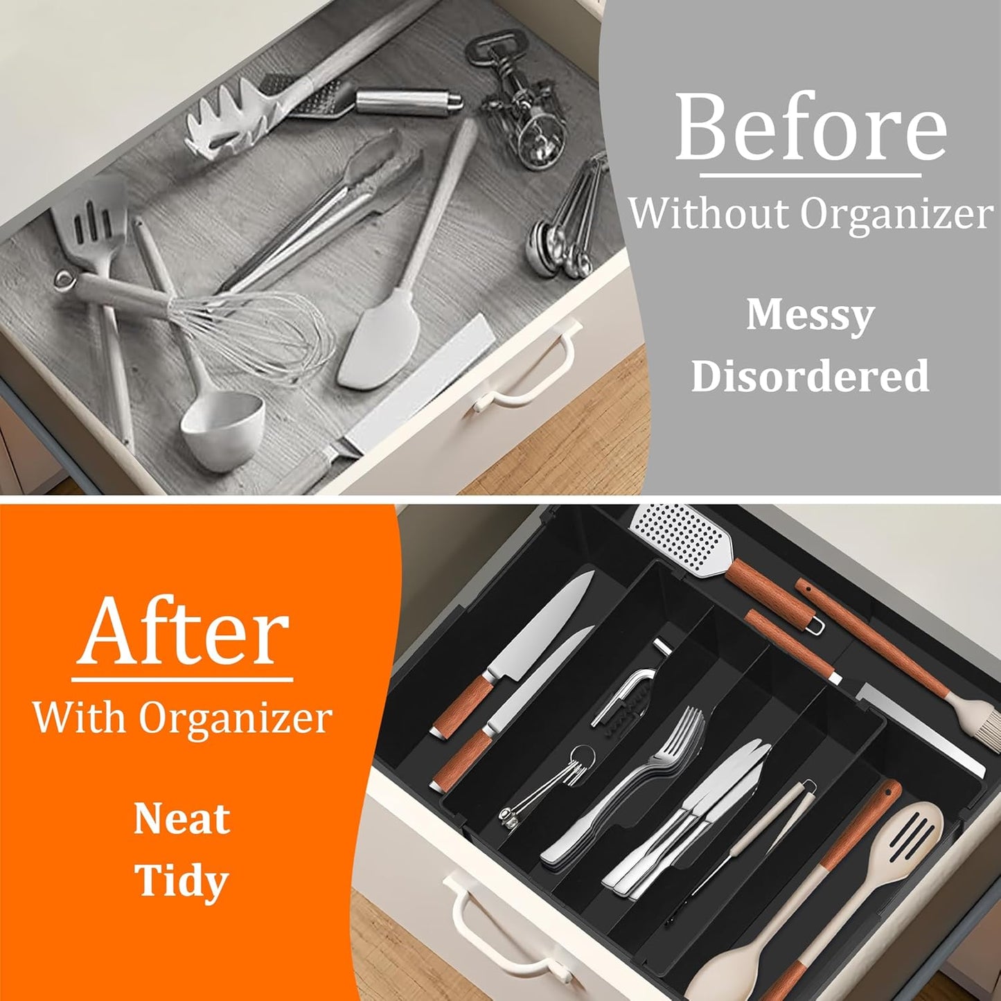 Expandable Large Silverware Organizer - BPA-Free Food-Safe Utensil Drawer Organizer Adjustable Kitchen Drawer Organizer Flatware Cutlery Tray, Classified Storage for Spoons Forks Knives