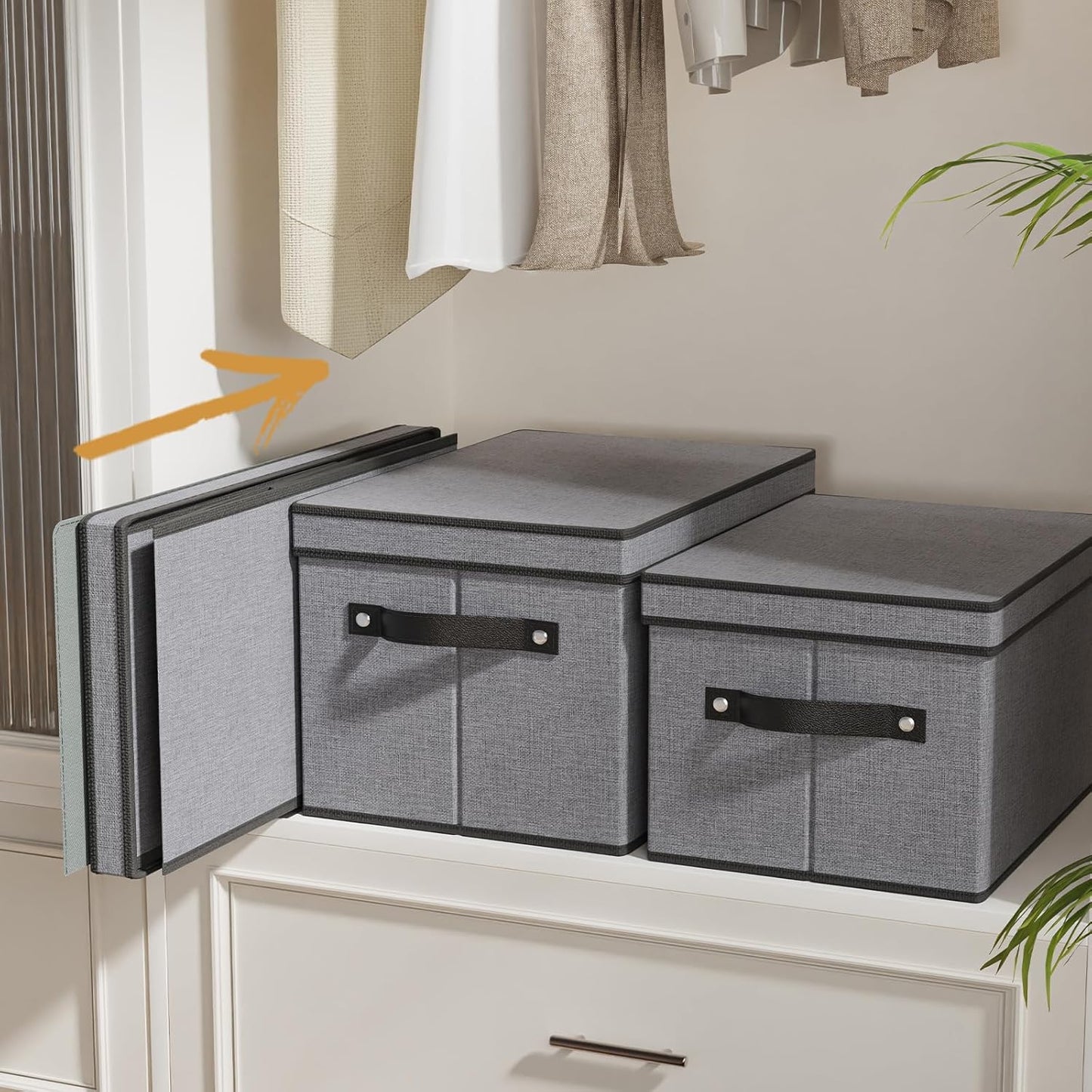 Clothing Storage Bins, Blanket Baskets for Shelves, Fabric Cubes with Handles and Lids, Decorative Linen Closet Organizers Boxes, Gray, 1 Pack, 16.5 x 11.8 x 10.2 Inch