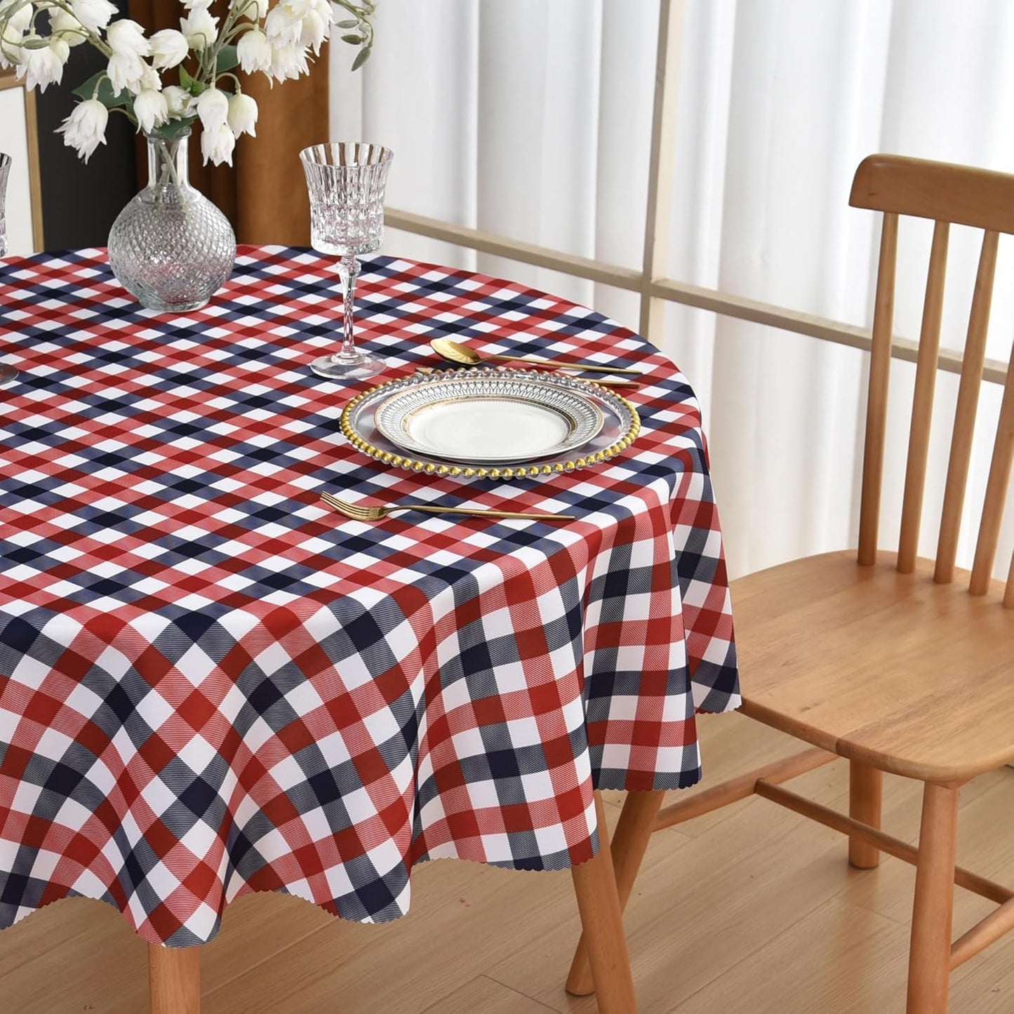 Waterproof Plaid Tablecloth Fabric - Round 120 Inch Classic Gingham Checker Table Cloth for Indoor/Outdoor Use - Buffalo Table Cover for Picnics, BBQs, and Parties