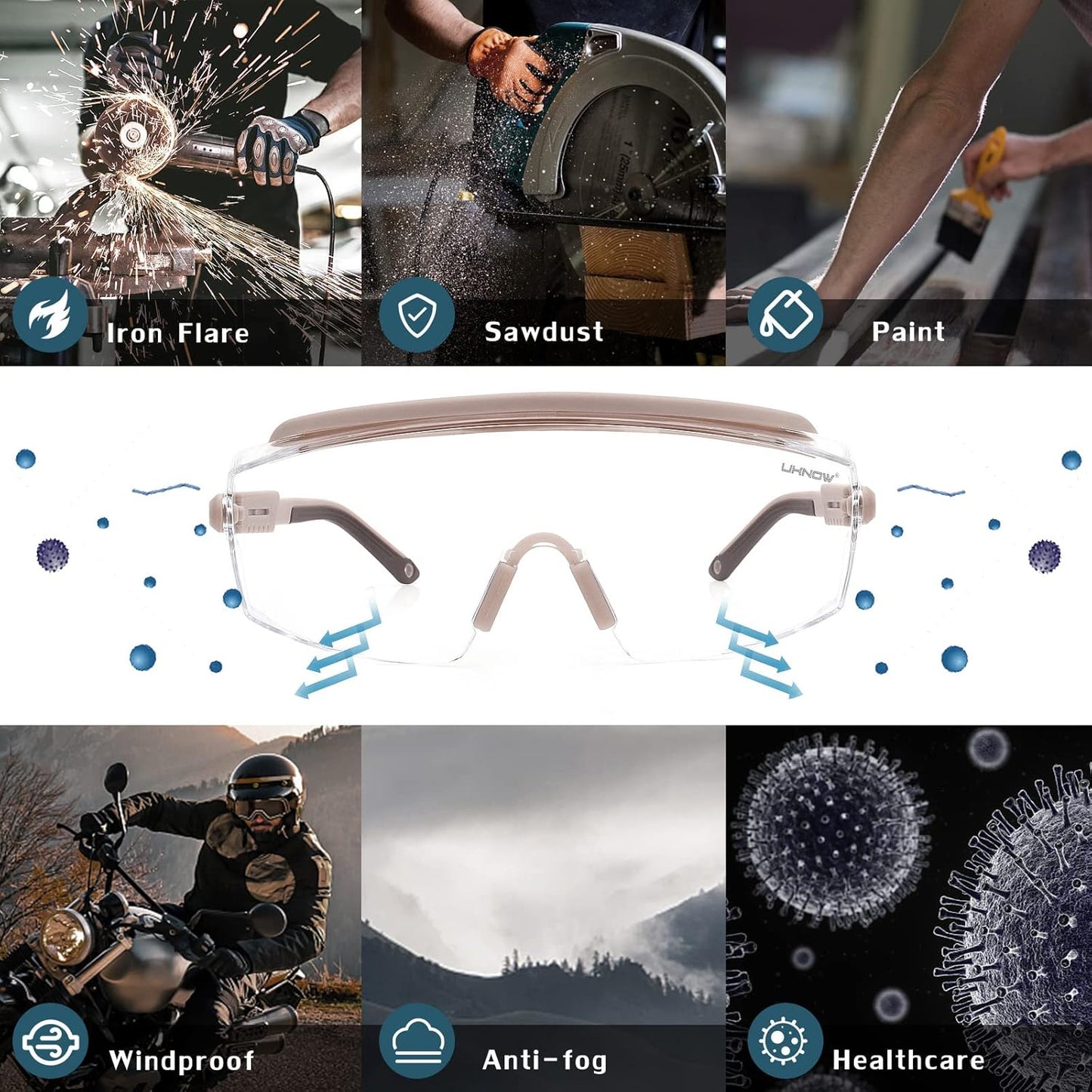 UKNOW Safety Goggles Over Glasses, Safety Glasses Anti Fog Wraparound Eye Protection, Protective Eyewear ANSI Z87.1