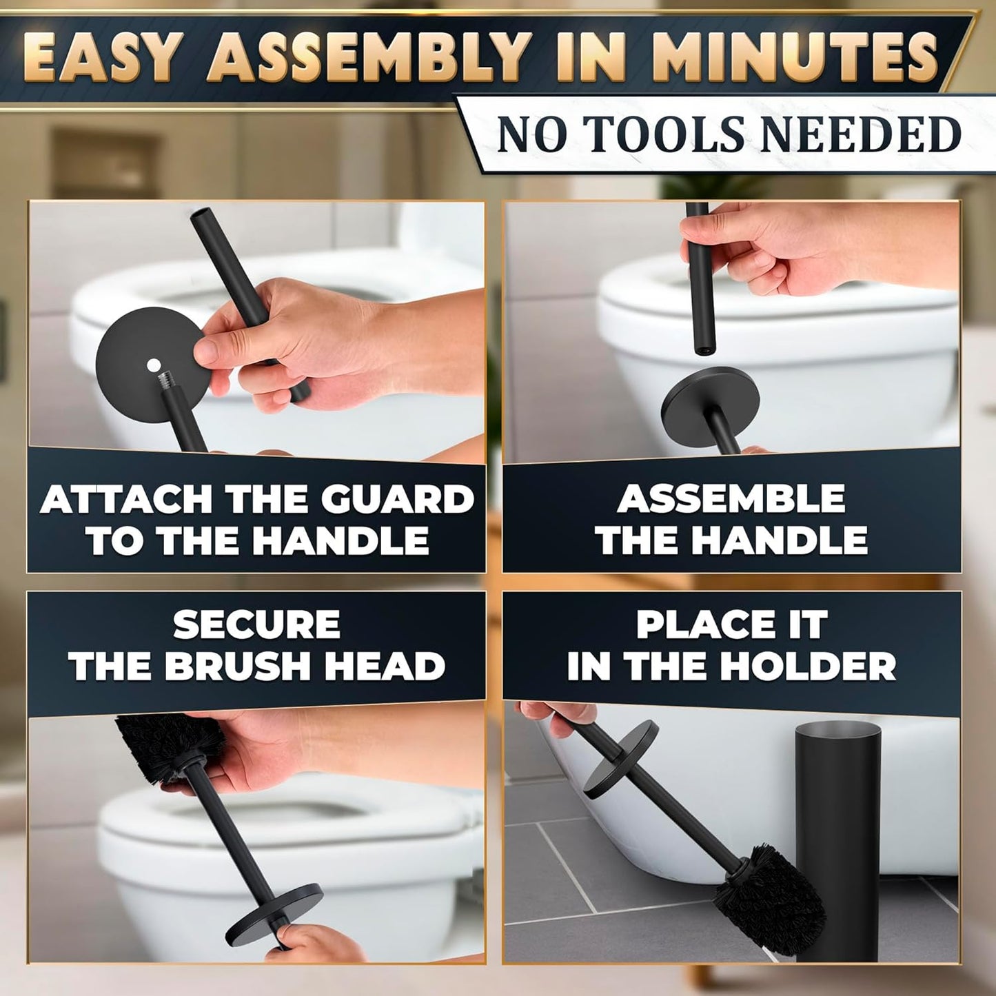 Black Toilet Brush and Holder Set - Scratch Resistant Black Toilet Bowl Brush and Holder with Soft Bristles Replaceable Head, Protection from Splashes, and Compact Design - for Effective Cleaning