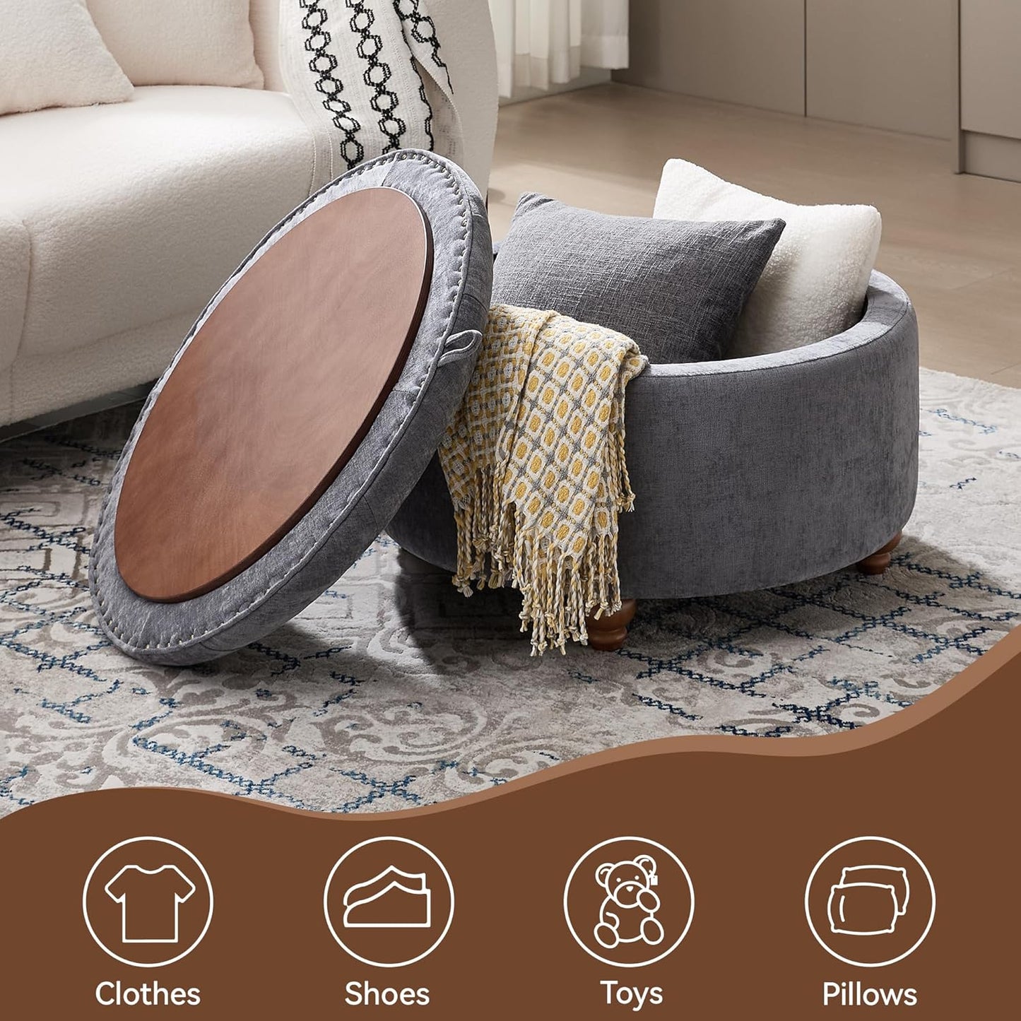 30Inch Round Storage Ottoman with Tray, Modern Tufted Circle Coffee Table with Storage, Upholstered Ottoman with Removable Top for Living Room, Bedroom, Chenille Blue