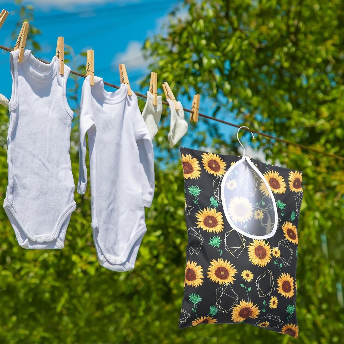 Woanger 2 Pcs Clothes Pin Bag Clothespin Holder 15 x 11 in to Hang on Line Clothes Pin Hanging Bag for Clothesline Outdoor Storage Organizer Basket with Large Opening(Sunflower Style)