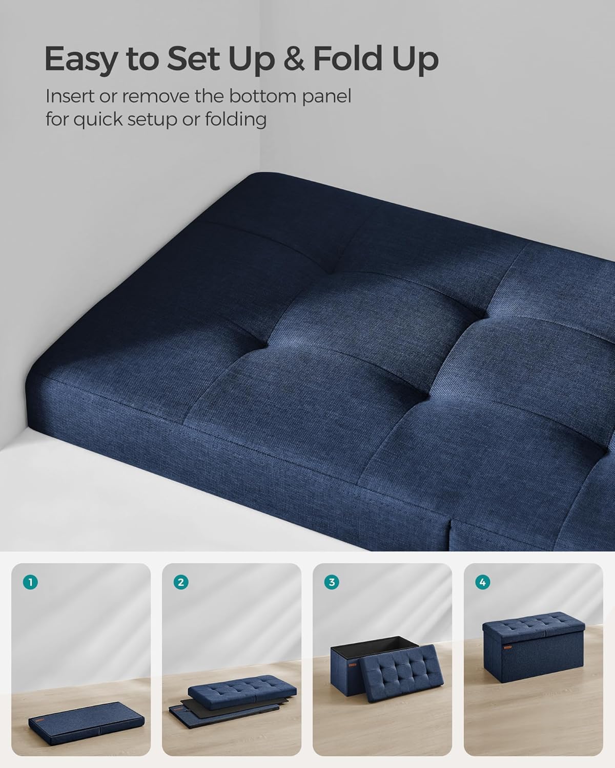 SONGMICS Mazie Collection - 30 Inches Storage Ottoman, Foldable Storage Bench with Flipping Lid, 660 lb Load Capacity, for Entryway, Living Room, Bedroom, Midnight Blue ULSF046Q02