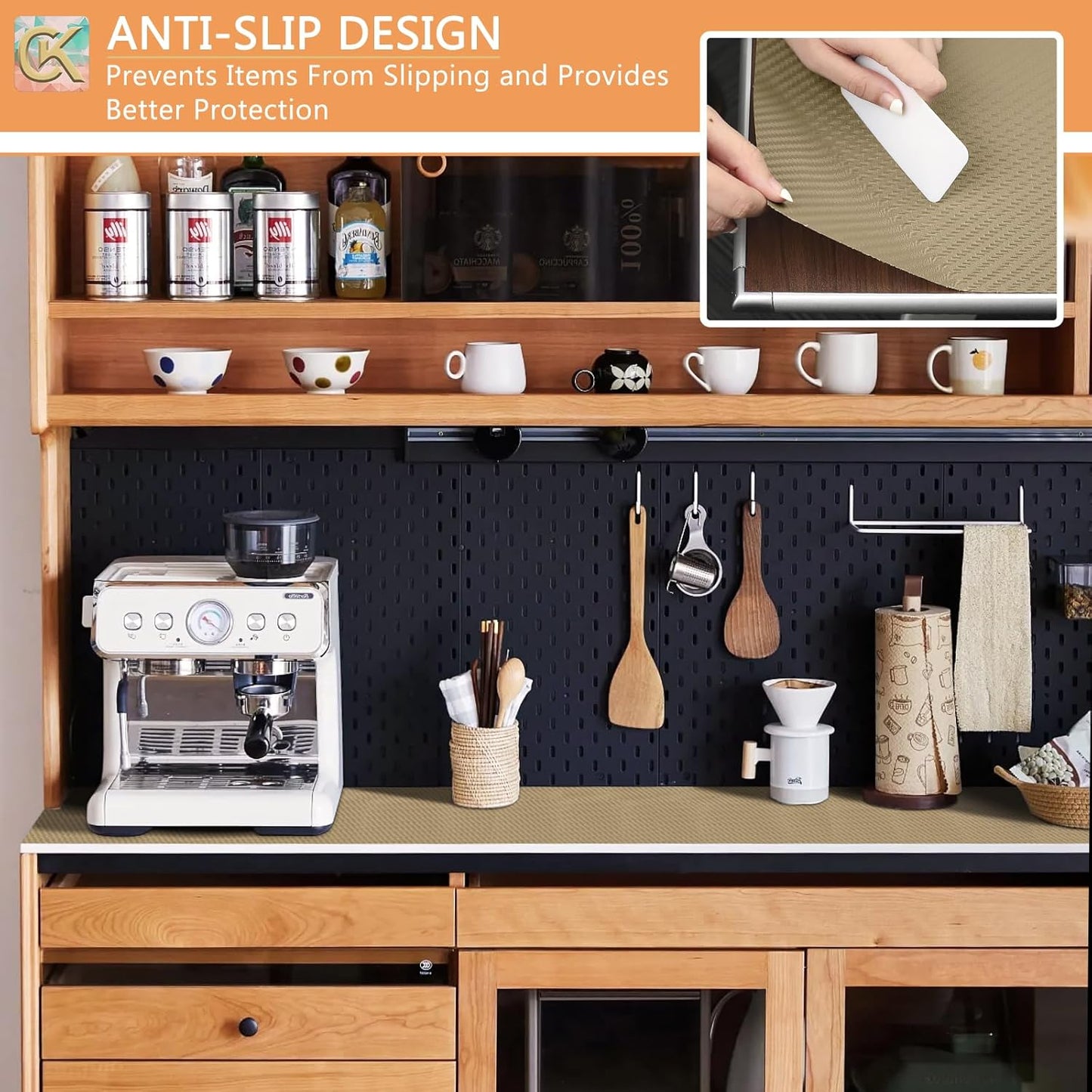Self-Adhesive Shelf Liner Kitchen Liner, Waterproof Backed Paper Easy Peel and Stick Contact Liner Without Residue for Decor Your Desk Surface, Kitchen Countertops (Dark Khaki, 17.5 x 393.7 inches)